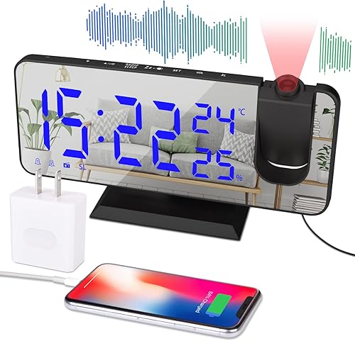 EVILTO Reloj despertador de proyección para dormitorio, techo digital, radio con puertos de carga USB, reloj despertador de pantalla LED grande de