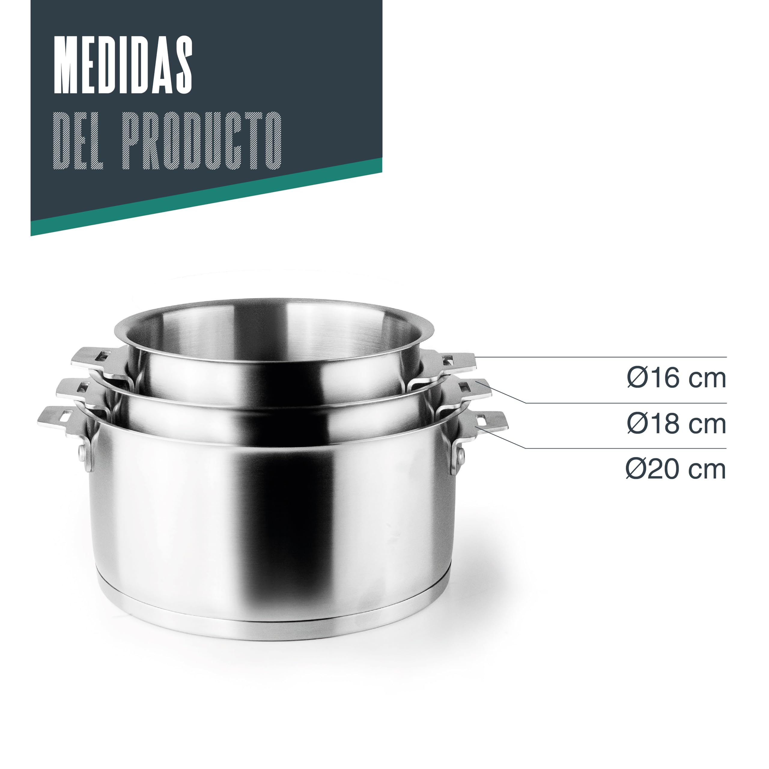 Lacor 56610 - Ensemble de 3 casseroles combinées, + anse, empilables | Ustensile professionnel durable; conçu pour un rendement optimal y nettoyage rapide et facile au lave-vaisselle