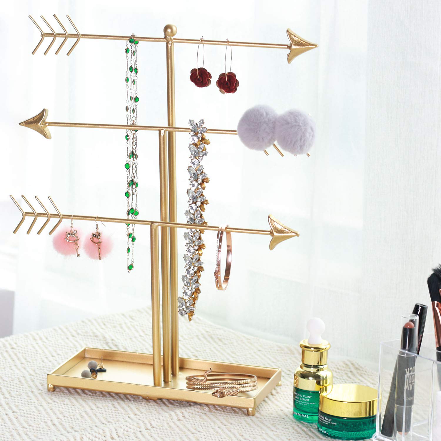 GRIDYTOP Yamfurga 3 Tier Arrow Jewelry Accessories Organizer, Metal Jewelry Display Stand, Decorative T-bar Jewelry Holder for Necklace, Earring, Bracelet, Watch, Gold