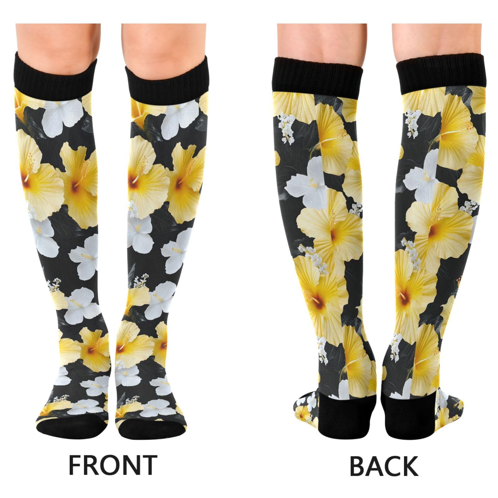 Wassud Yellow Hibiscus Flowers Compression Socks for Women and Men 20-30 mmHg Knee High Socks for Nurses Travel Socks 2 Pair