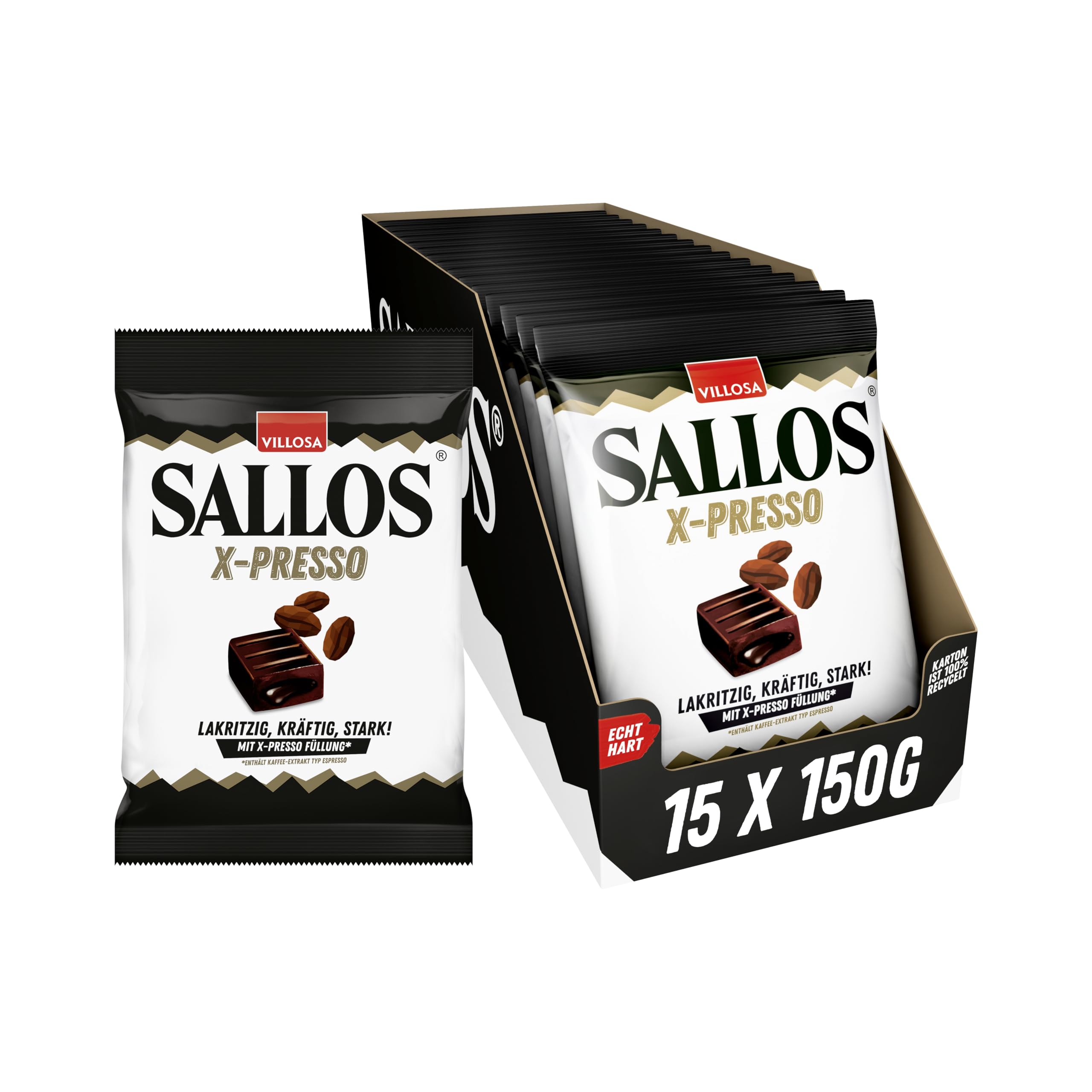 SALLOS X-presso Vorrats-Pack – Lakritz-Bonbons mit Kaffee-Extrakt, aus natürlichem Süßholzsaft, Lakritz-Kombination mit Espresso-Geschmack, vegan, im Vorrats-Pack, 15 x 135 g