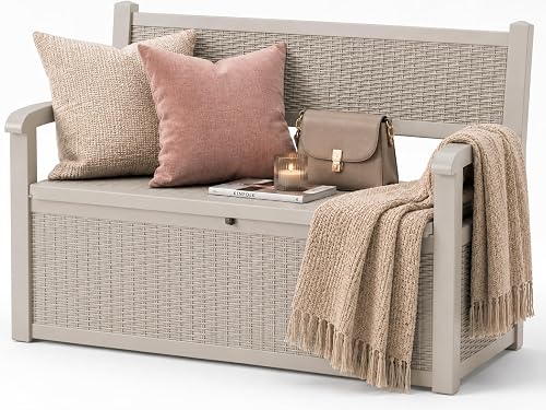 EFU 100 Gallon Outdoor Storage Bench Deck Box, Waterproof Wicker Patio Seating with Lockable Storage, Taupe EFU 100 Gallon Outdoor Storage Bench Deck Box, Waterproof Wicker Patio Seating with Lockable Storage, Taupe