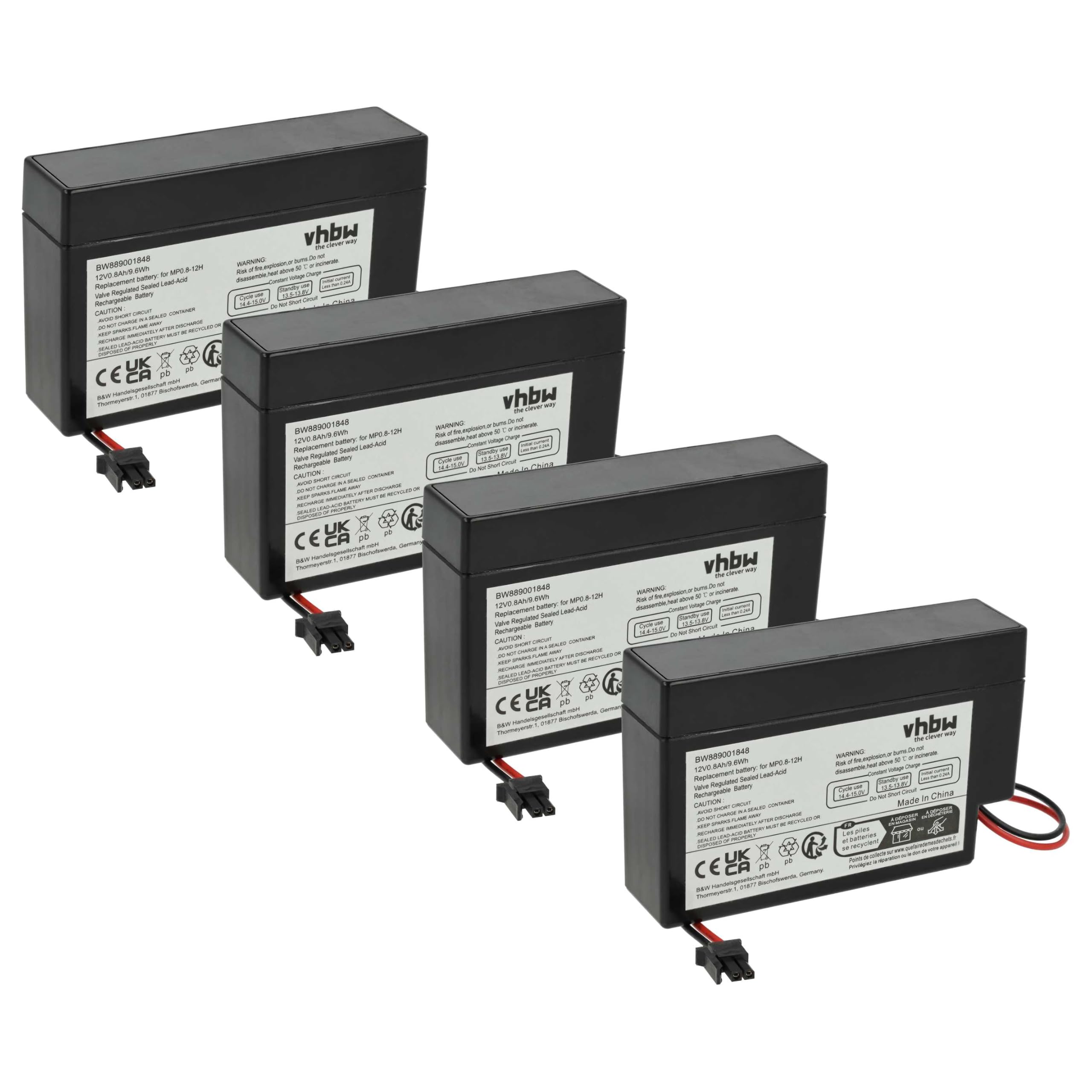 vhbw 4x Batteria sostituisce Powersonic PS-1208 per (800mAh, 12V, AGM, connettore AMP)