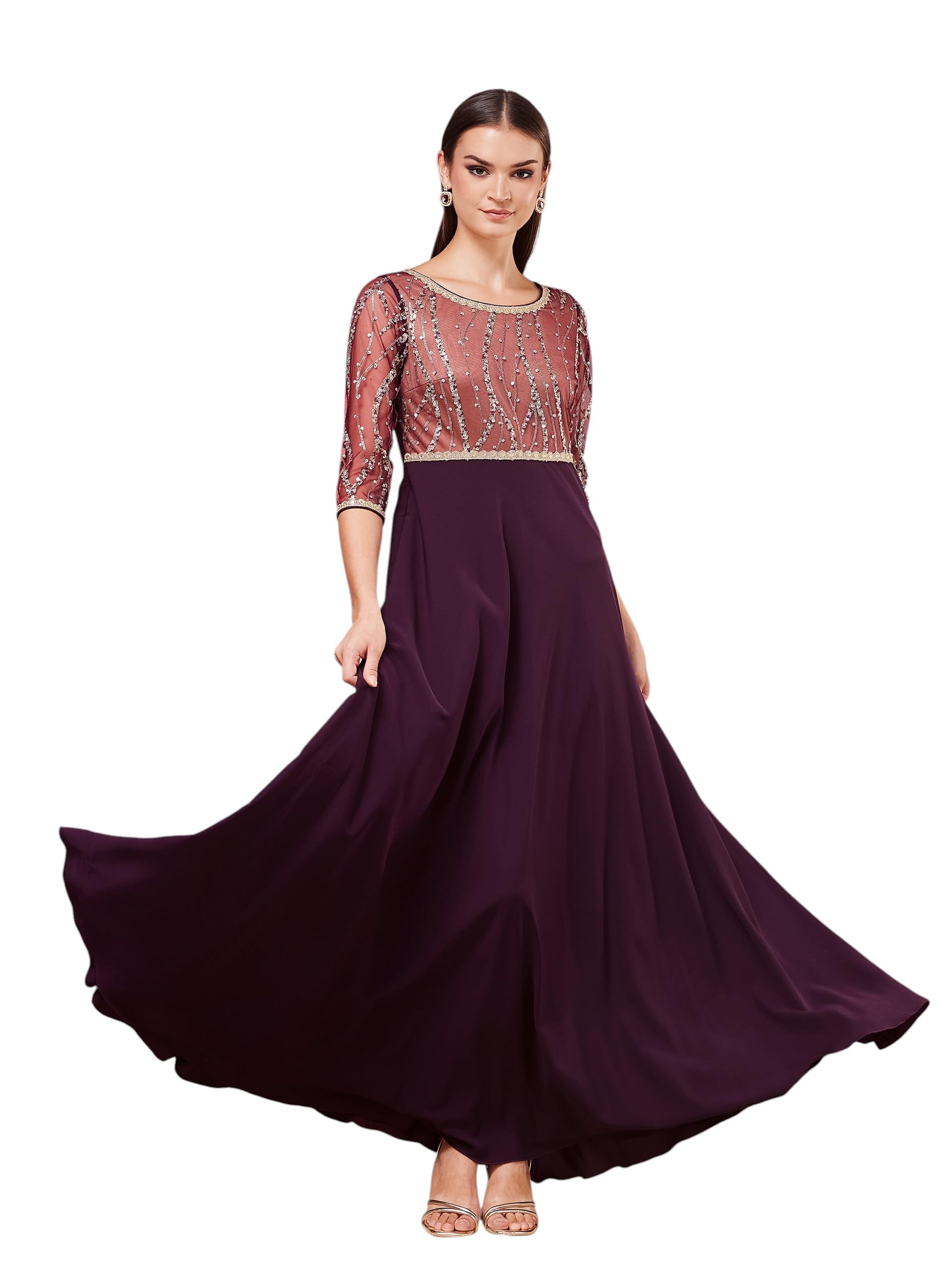 miss chase Women's Round Neck 3/4 Sleeve Embellished Maxi Georgette Ethnic-Dress-picture-12