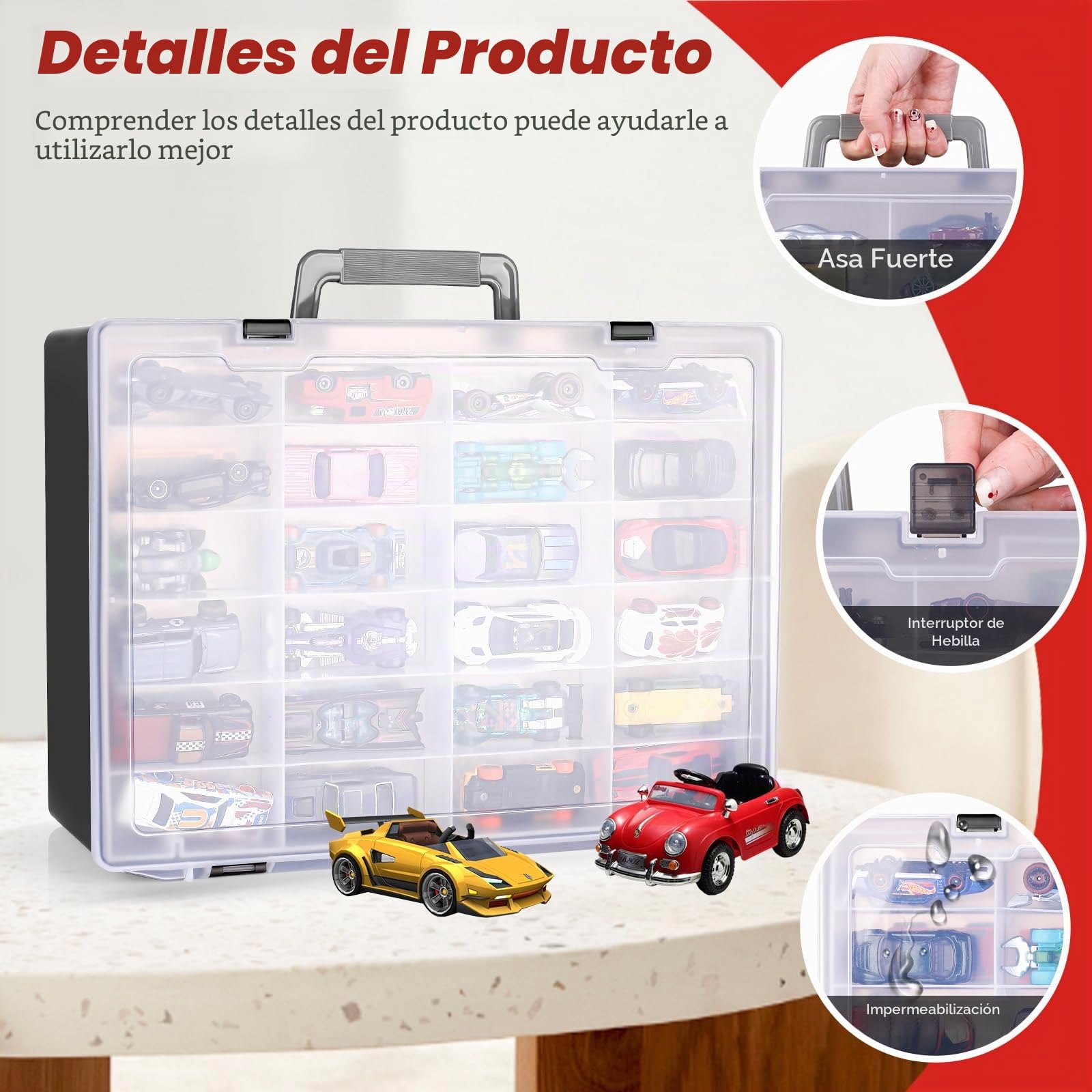 Caja de juguetes con 72 compartimentos, compatible con coches Hot Wheels, Matchbox, minijuguetes y muñecas pequeñas, deja ver el interior, 3 bandejas extraíbles (negro)