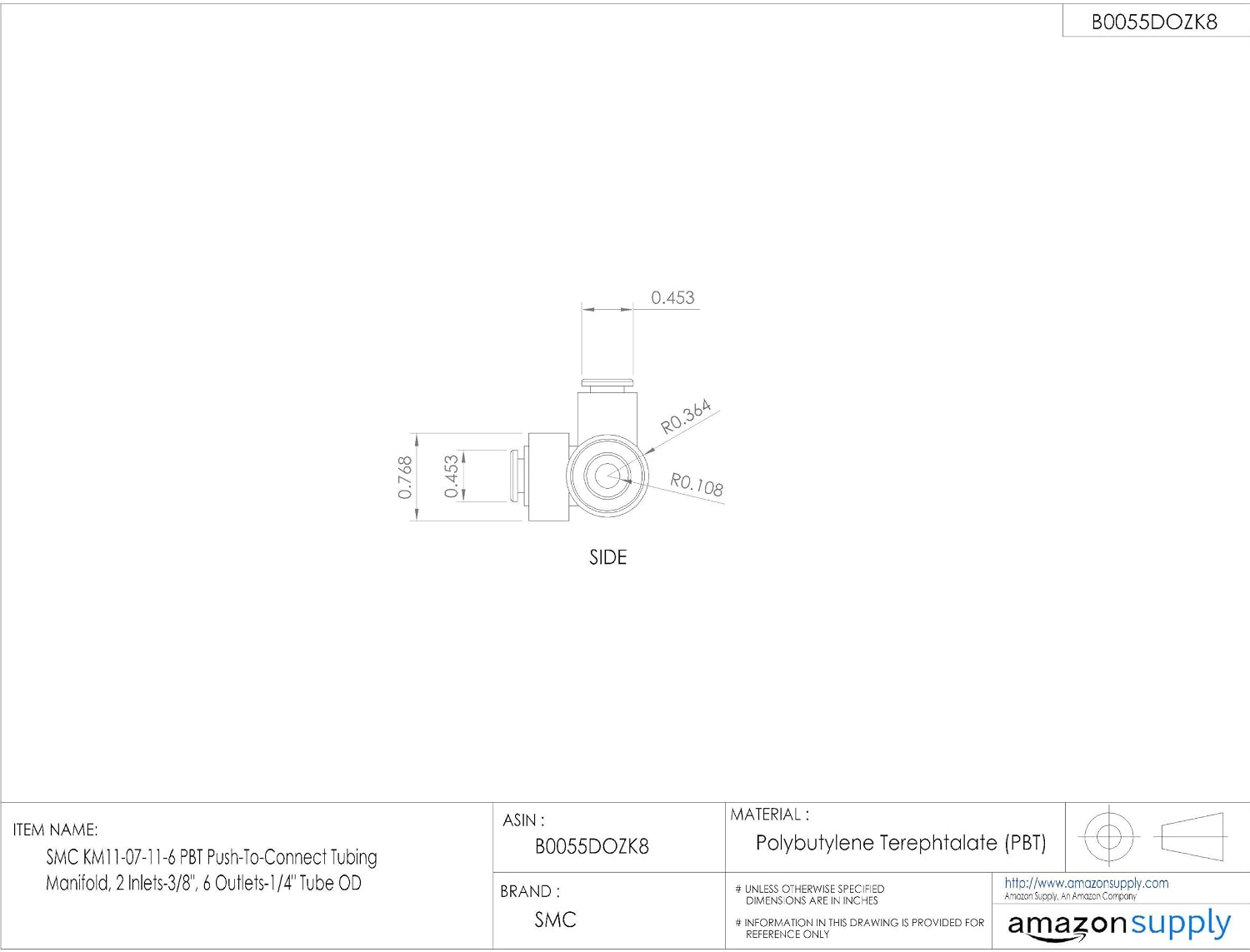 SMC KM11-07-11-6 PBT Push-To-Connect Tubing Manifold, 2 Inlets-3/8", 6 Outlets-1/4" Tube OD
