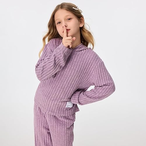 Girls 2 Pieces Outfits Lounge Set Knit Hoodies Flare Pants Sweatshirts and Sweatpants Kids Tracksuits 5-14 Years(Purple,13-14 Years)