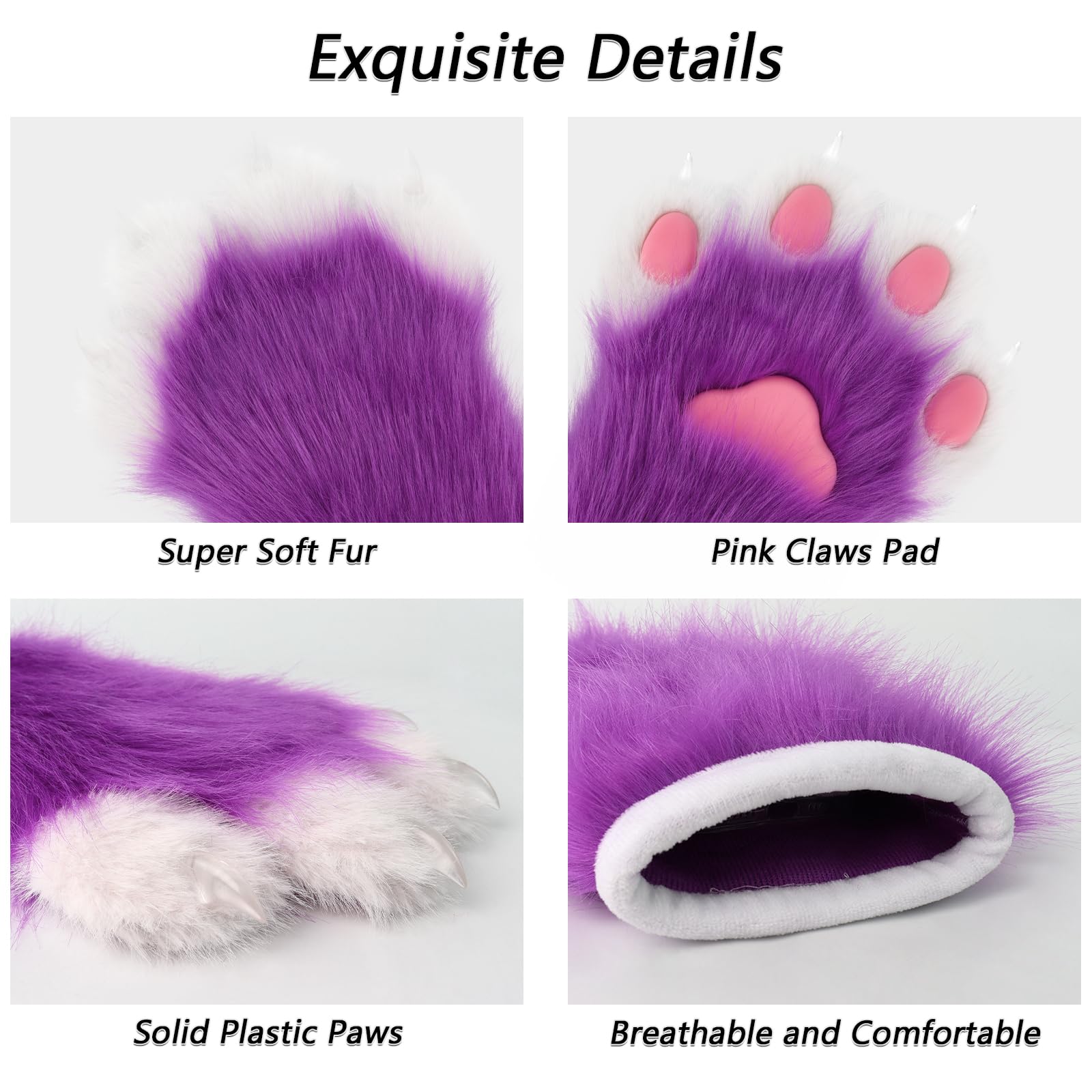 Faux Fur Plush Furry Cat Claw Gloves Fursuit Animal Fox Paws Mittens Halloween Cosplay Costume Accessories for Adult: Purple