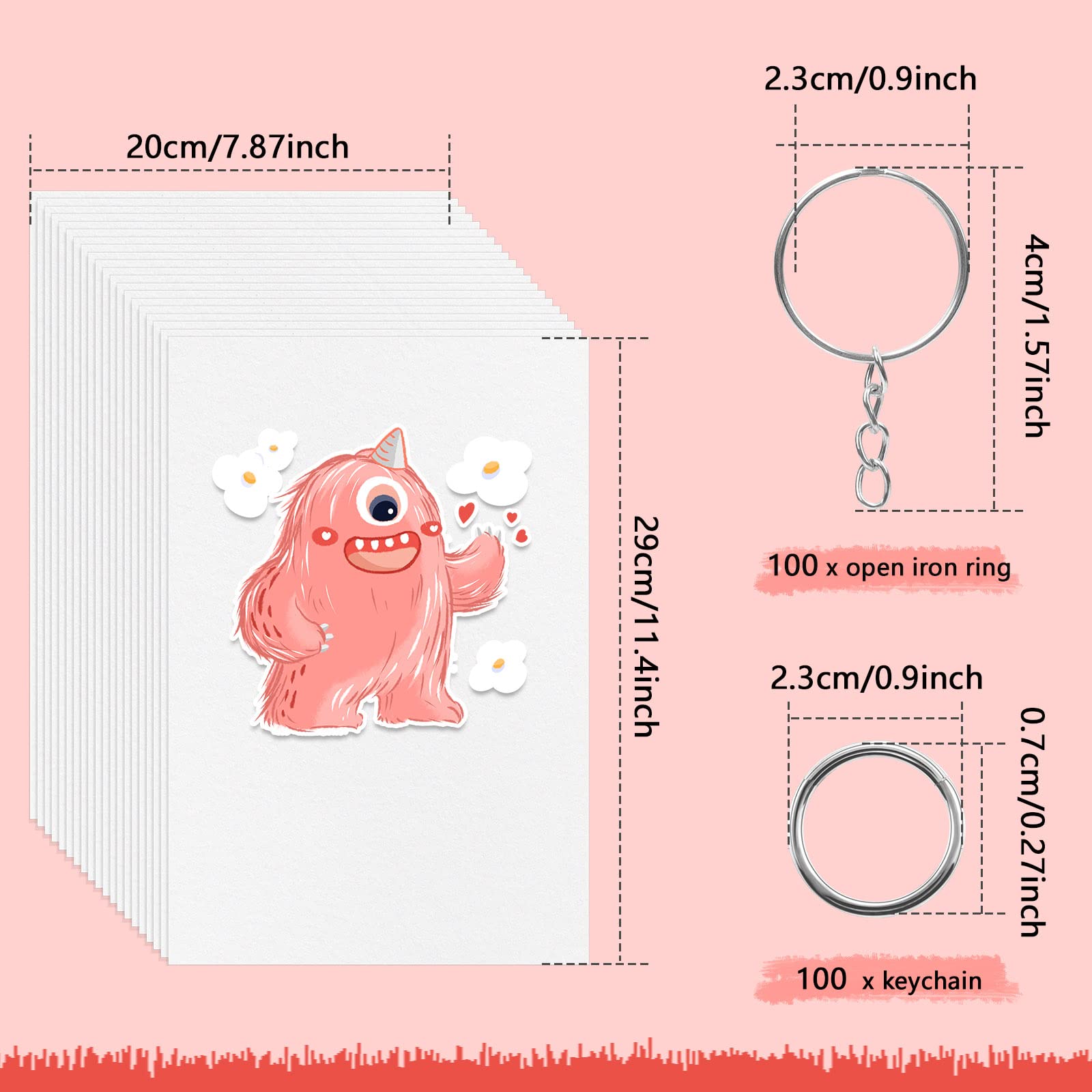 REAQUE 225 Pezzi kit di fogli di plastica termoretraibili, Kit include 25 Fogli di Plastica Termoretraibile Trasparente e 100 portachiavi con catenine, per creazioni creative fai da te fatte a mano