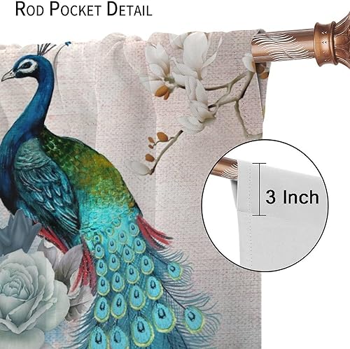 Miniatura 71 de Cortina opaca con estampado de pavo real, con estampado de animales retro, con bolsillo para cortinero y flores de peonía doradas, para dormitorio,
