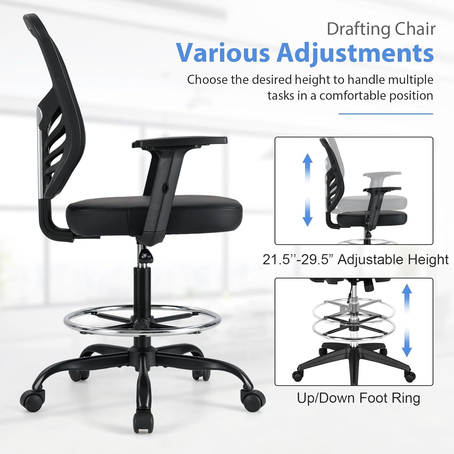 COSTWAY Tall Office Chair, Ergonomic Mesh Back Counter Height Standing Desk Chair w/Adjustable Footrest & Armrests, Rolling Height Adjustable Computer Drafting Chair for Home Office, Black