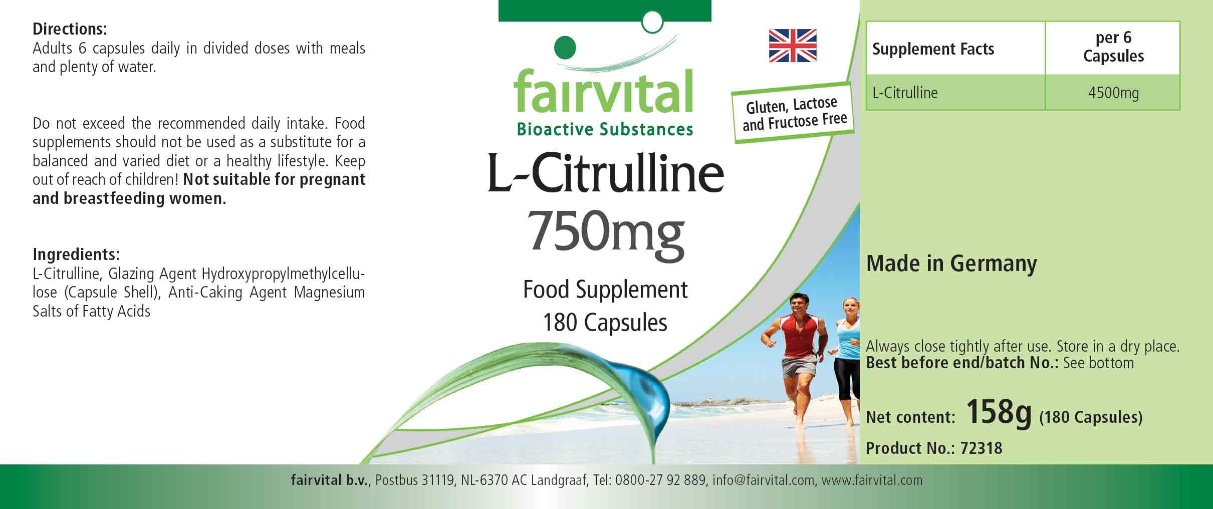 fairvital L-citrullina capsule 750 mg, ALTO DOSAGGIO, VEGANO, 180 capsule