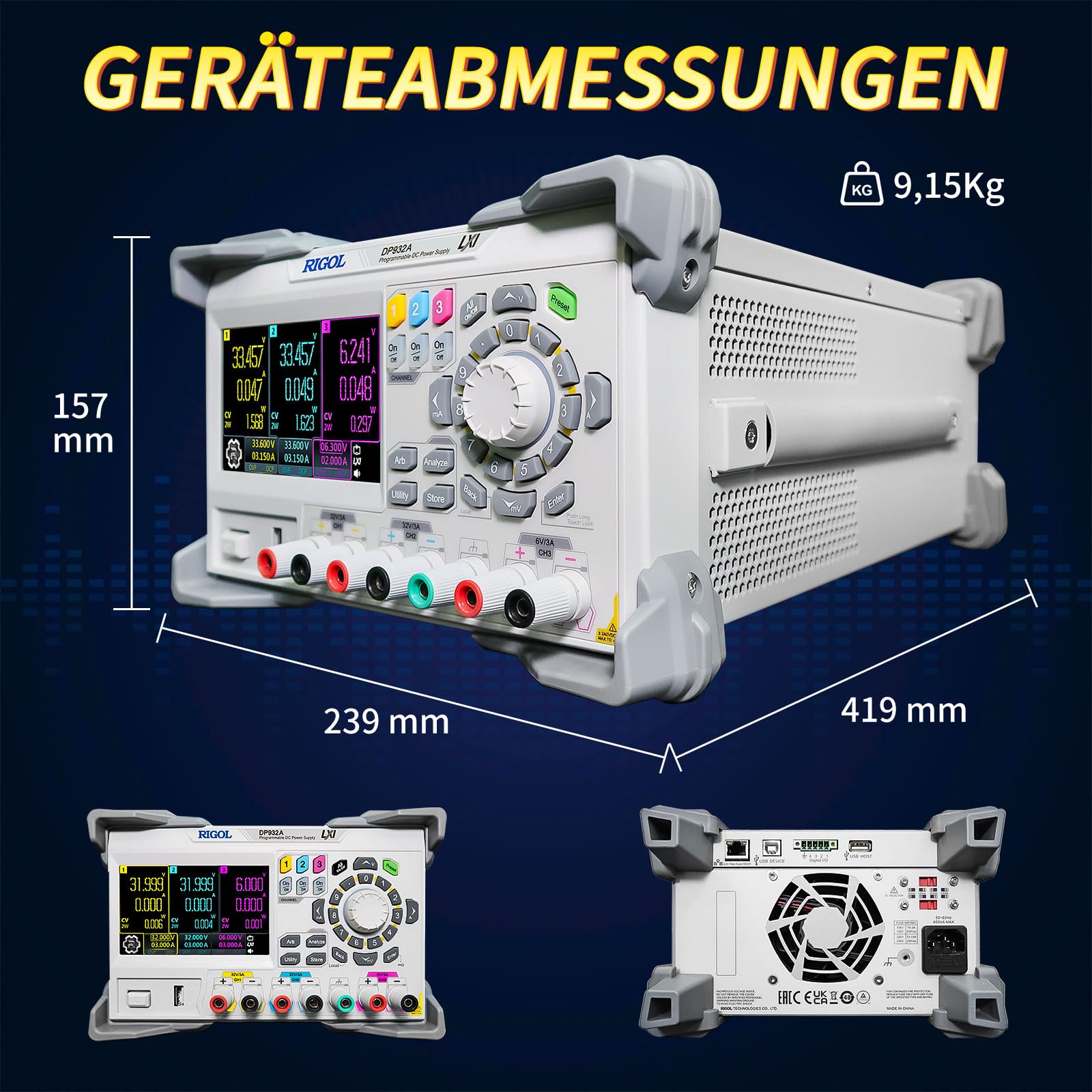 RIGOL Labornetzteil DP932A,Netzteil Regelbar,3 Ausgänge,32V/3A,32V/3A,6V/3A,Auflösung 1mV/1mA,automatische Reihen-und Parallelschaltung,Labor DC-Stromversorgungen