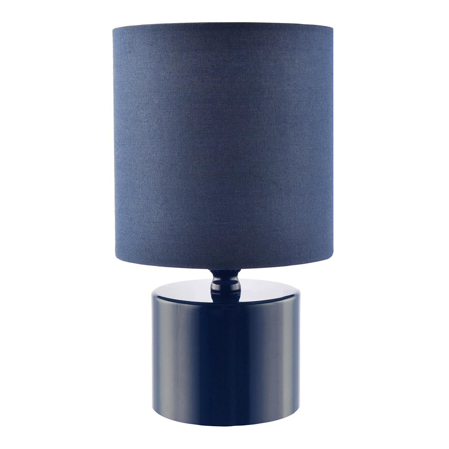 Happy Homewares Midnight Blue Modern Glossy Bedside Table Lamp With Cotton Fabric Shade | 23Cm X 13M | 1 X 7W | Inline Cable Switch Button