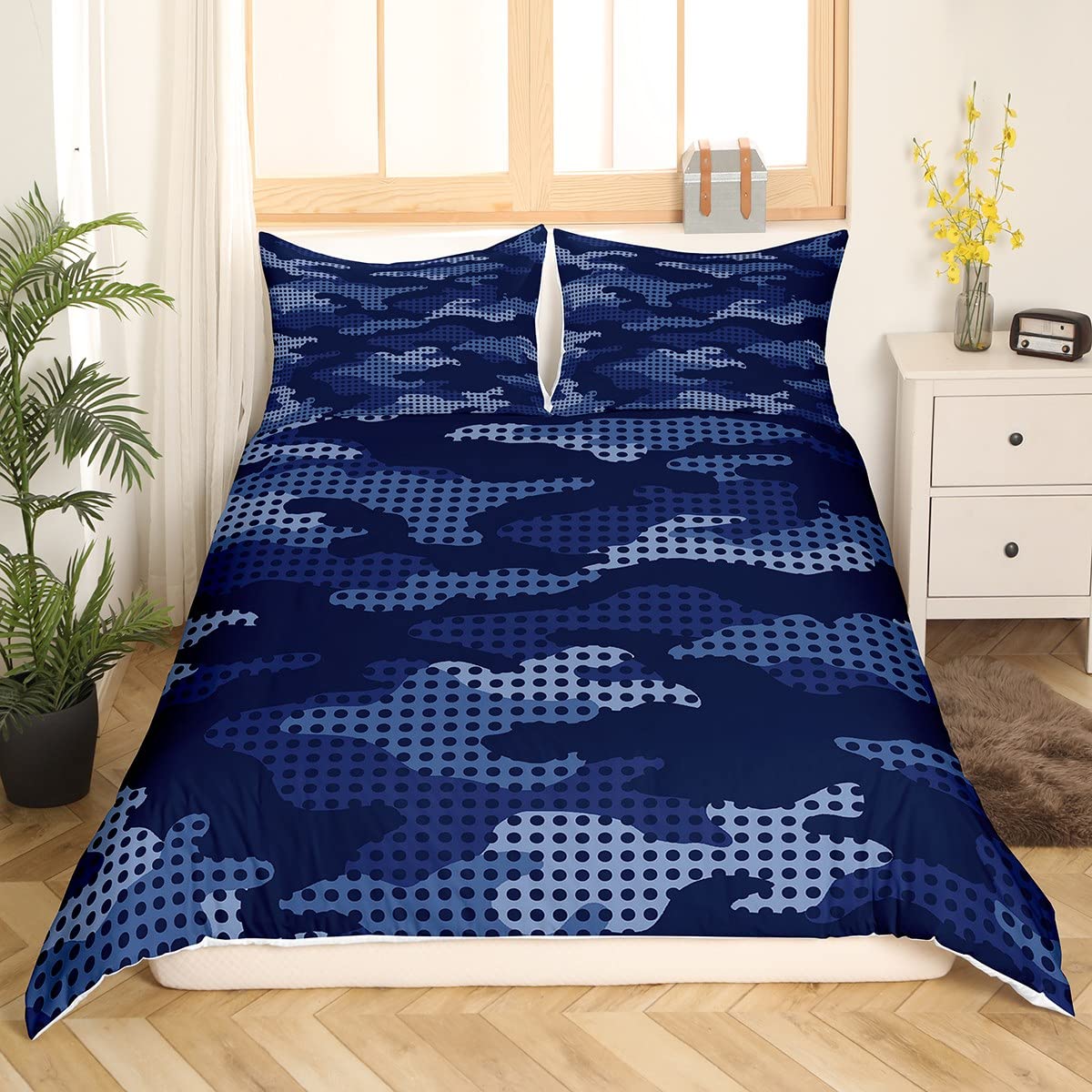 Camo Duvet Cover for Boys,Girls Navy Blue Camouflage Comforter Cover Double Size,Abstract Art Bedding Set Kids Teen Room Decor Bed Cover,Wave Point Bedclothes with Zipper — image 1