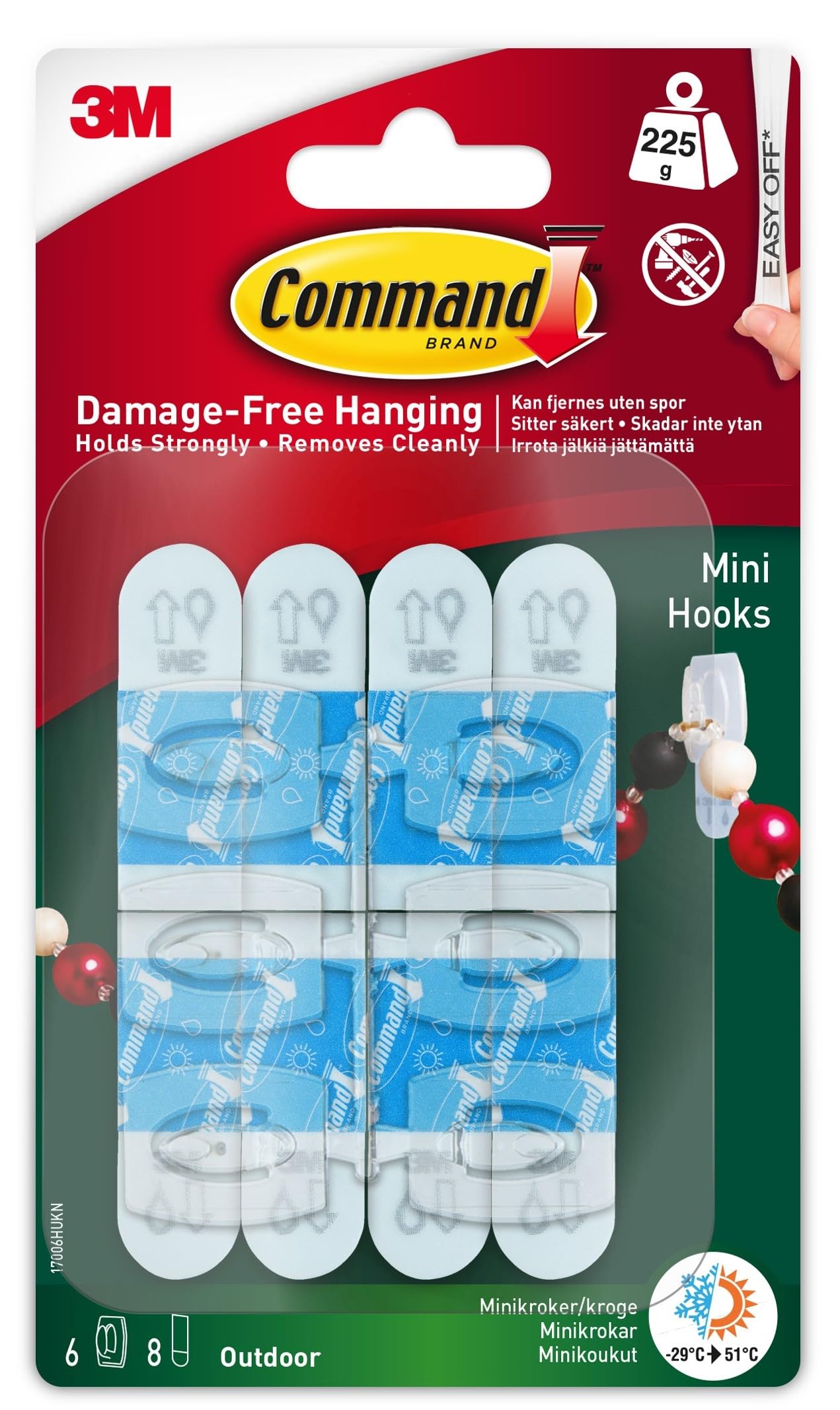 Command Outdoor Mini Hooks, 6 Mini Hooks and 8 Small Adhesive Strips, Transparent - Damage Free Hanging