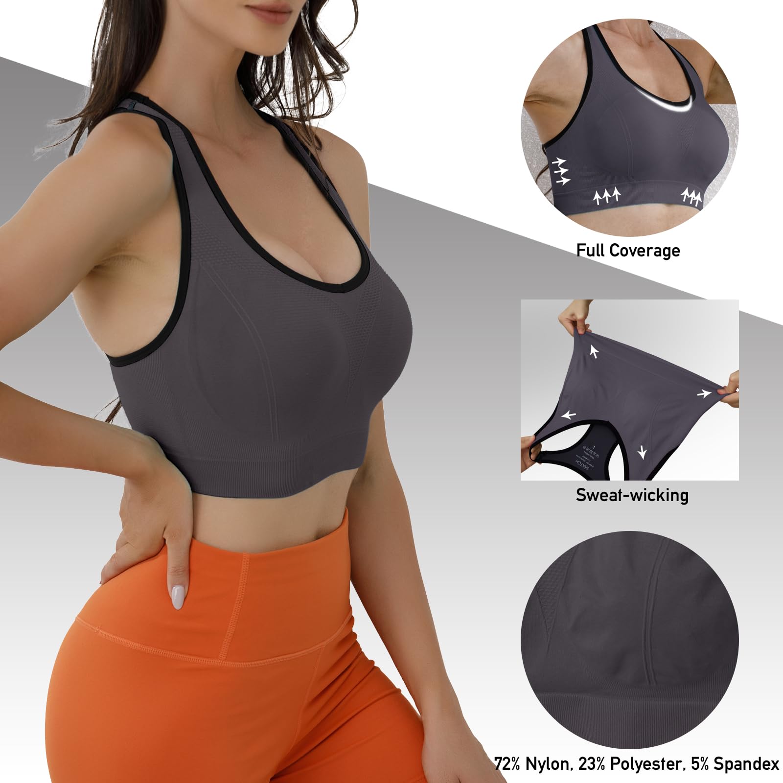 Match Reggiseno sportivo da donna con spalline imbottite, senza cuciture, per yoga, palestra, corsa, fitness
