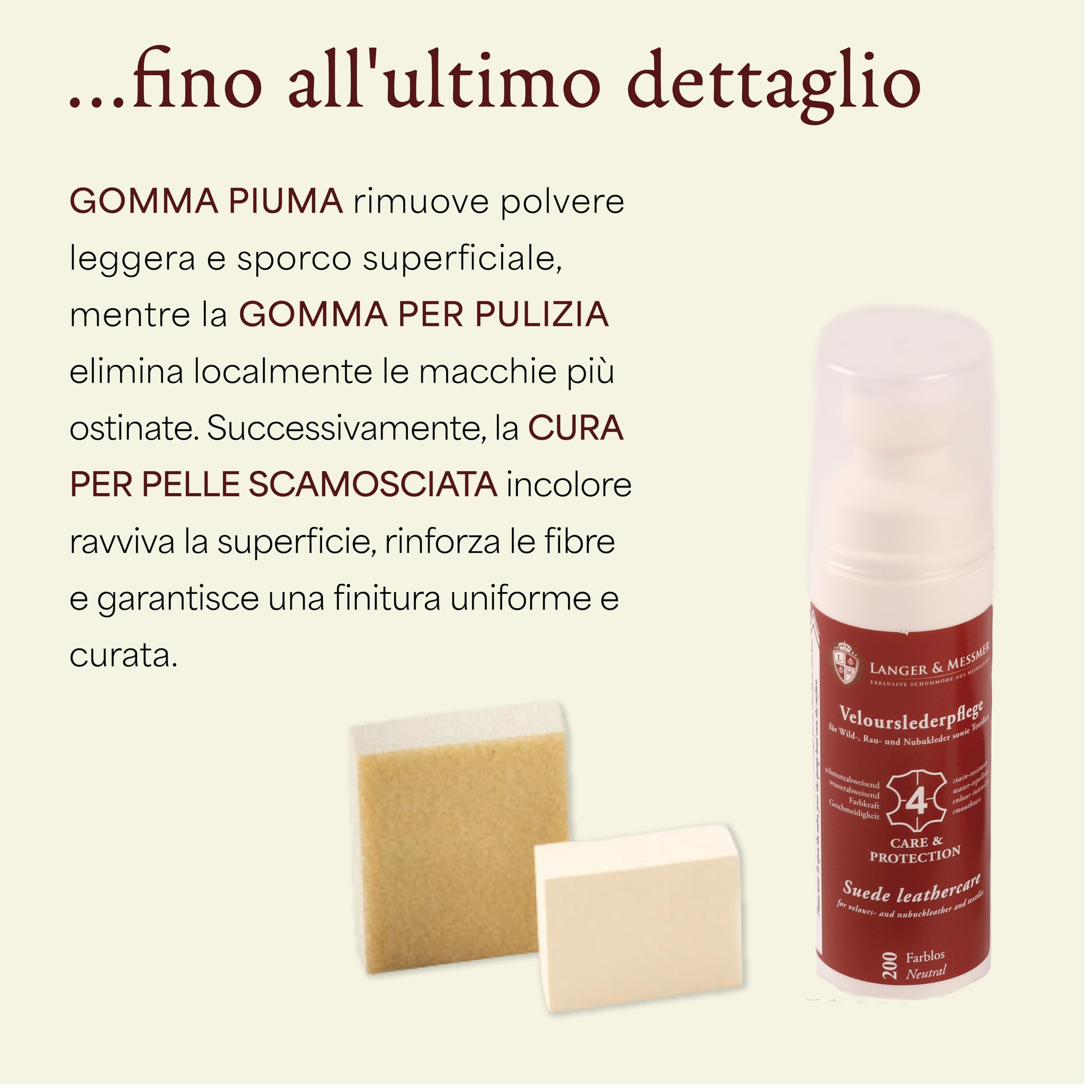 Langer & Messmer set per la cura delle scarpe in pelle scamosciata - kit per la cura delle scarpe con spazzole per nubuck e prodotti per il rinfresco del colore, la protezione e l'impregnazione