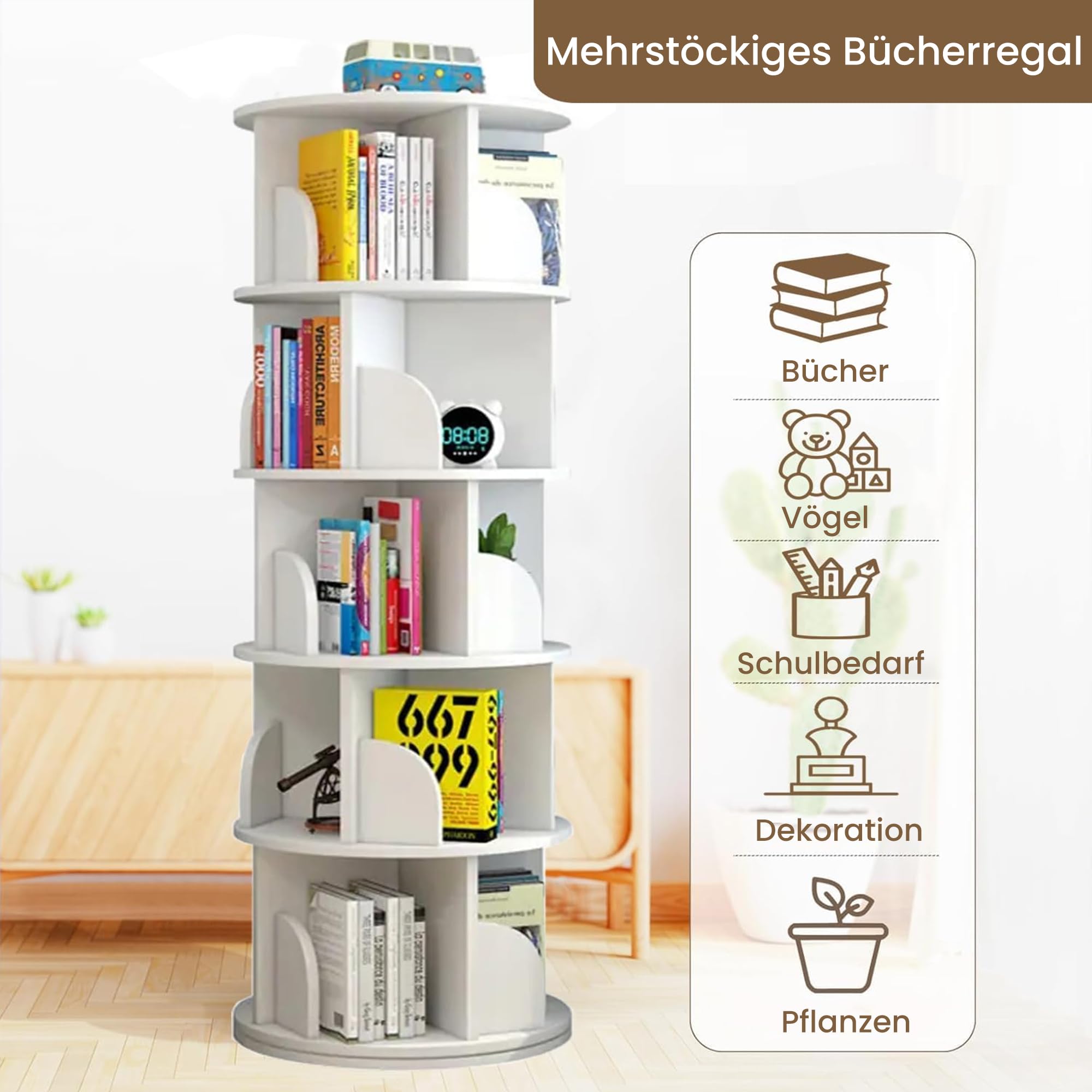 uyoyous Bücherregal, 360 Grad drehbar, Bücherregal aus Holz, 5 Ebenen, Bücherregal Möbel, Aufbewahrung, für Kinder und Erwachsene, Weiß