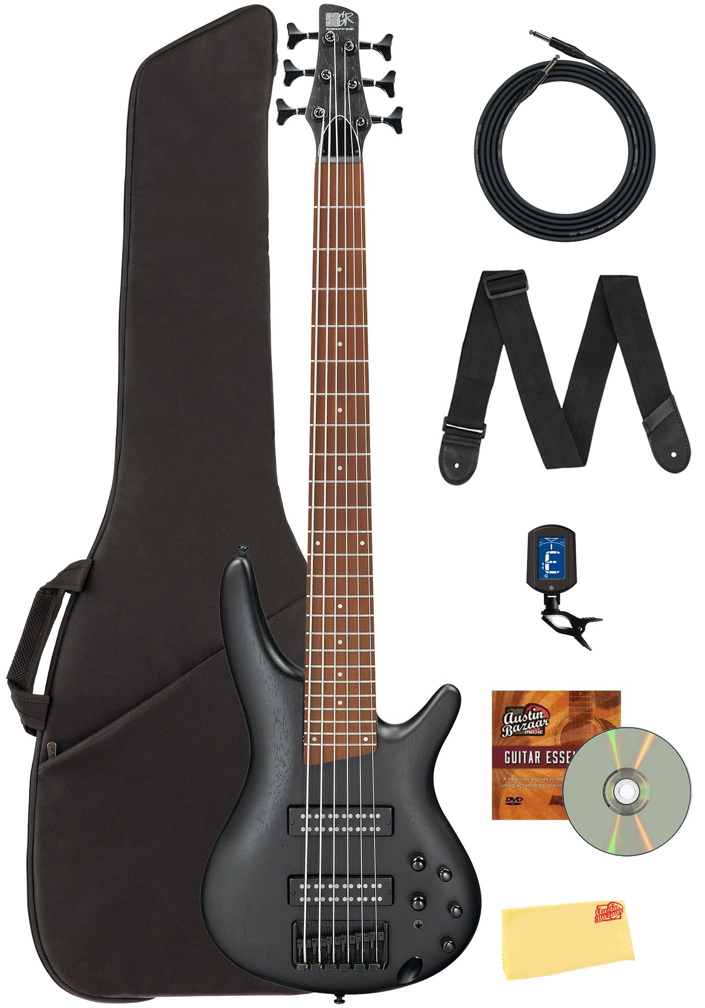 Ibanez SR306EB SR Standard 6-String Bass Guitar - Weathered Black Bundle with Gig Bag, Tuner, Strap, Instrument Cable, Austin Bazaar Instructional DVD, and Polishing Cloth