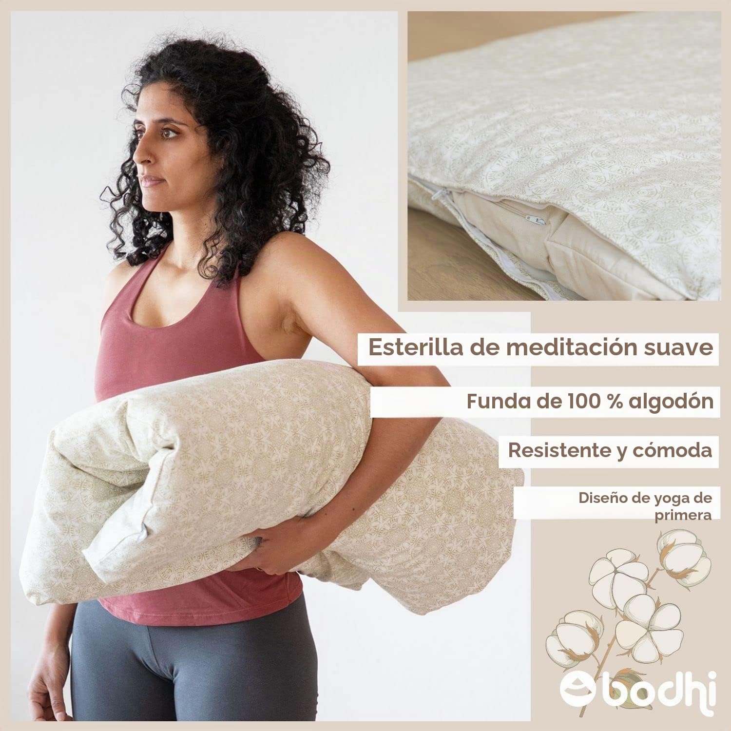 Bodhi ZABUTON Maharaja Collection - Esterilla de meditación con funda lavable de 100% algodón | Cojín de meditación | Dimensiones 80 x 80 x 6 cm (crudo/Madurai)