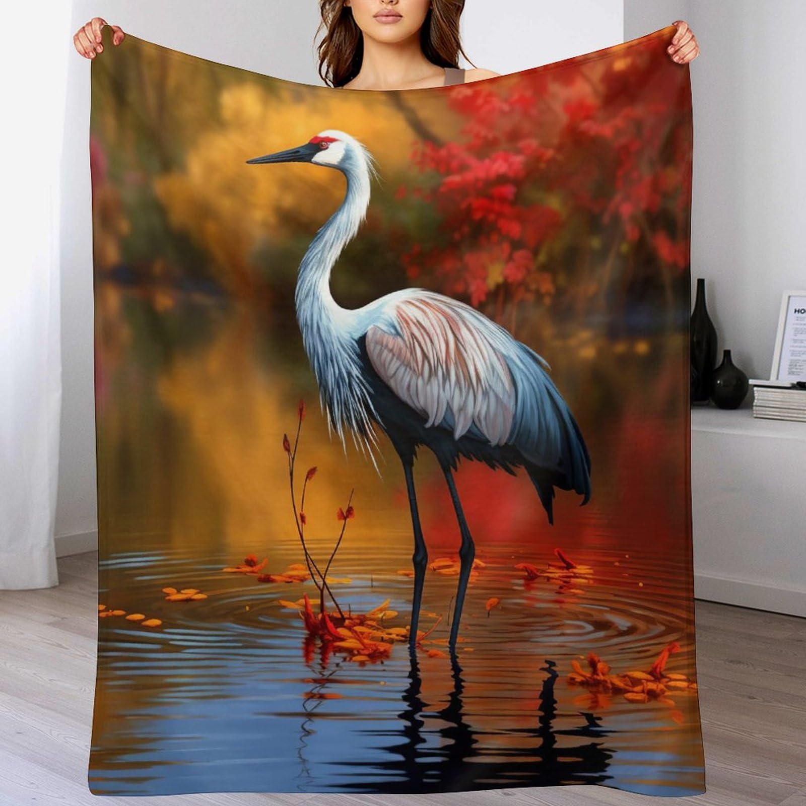 Couverture polaire grue en flanelle peluche douce pour lit et canapé 100x130cm