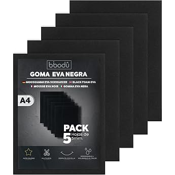 BIBODU Foam Rubber 5 mm - EVA Foam Black Colour Pack of 5 Sheets Size A4 210 x 297 mm Density 80 kg/m3 EVA Foam Cosplay Crafts Crafts Suitable Boys and Girls 5 mm Black