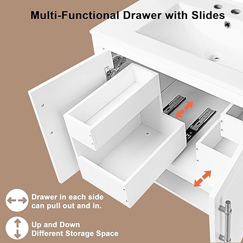 Miniatura 5 de Harper & Bright Designs Tocador de baño de 30 pulgadas con fregadero, juego de tocador de lavabo individual con 2 puertas, cajón y estante abierto,