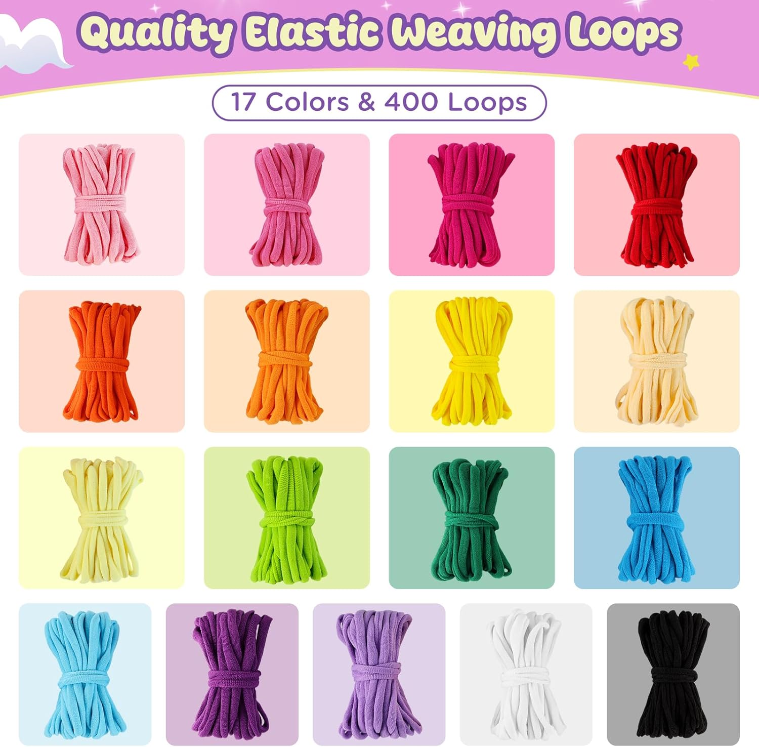 Zefy 400 Pcs Weaving Loom Kit Toys, 17 Colors Loom Loops with 11 PCs Wooden Rings, Rainbow Loops Making Potholder Loom Knitting Crafts Valentine Gifts for Kids Girls Adults - Image 2