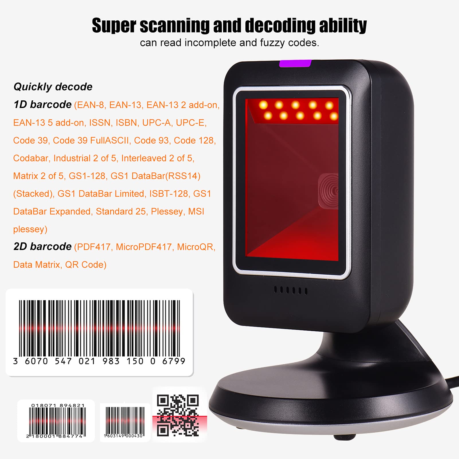 Lecteur de codes-barres omnidirectionnel 1D 2D QR filaire USB CMOS pour supermarché, librairie, hôpital