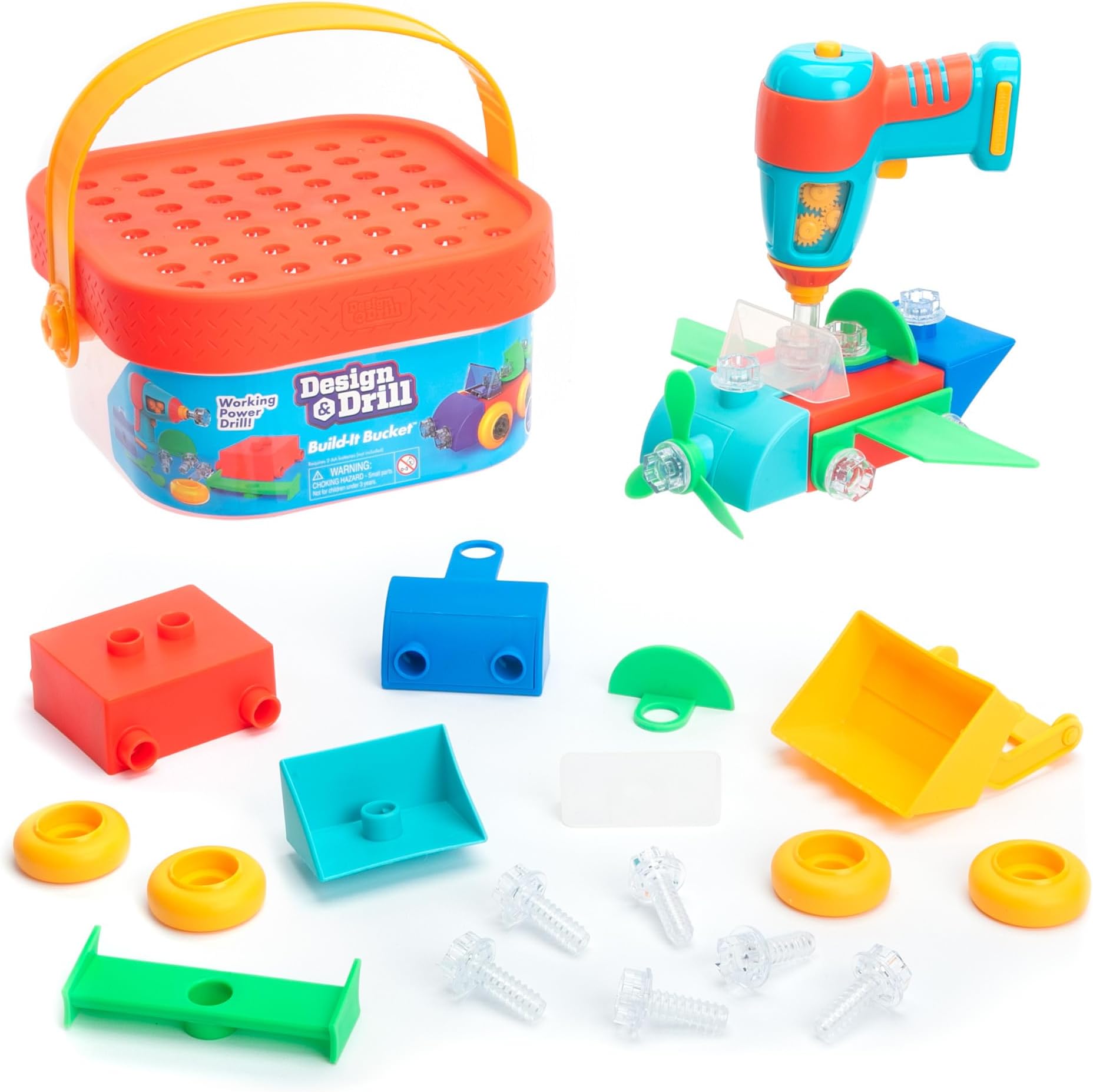 Educational Insights Design & Drill Build-It Bucket - Vehicle Building Toys for Toddlers 3-5, Construction Toy Set with Real Working Electric Drill Toy, Take Apart STEM Toys for 3+ Year Old