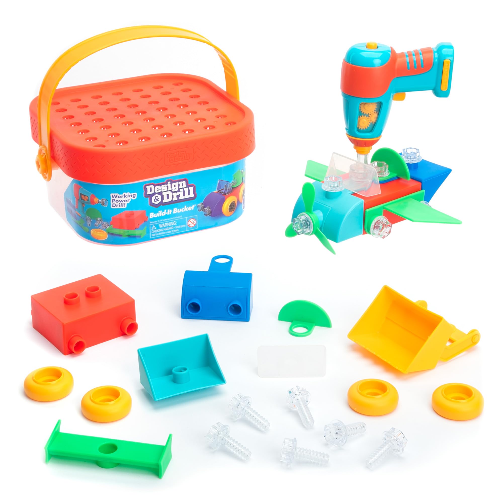Learning Resources Design & Drill Baueimer, Mint-Spielzeug, 41-teilig, mit elektrischem Spielzeugbohrer, Urlaubsspielzeug für Jungen und Mädchen, ab 3 Jahren