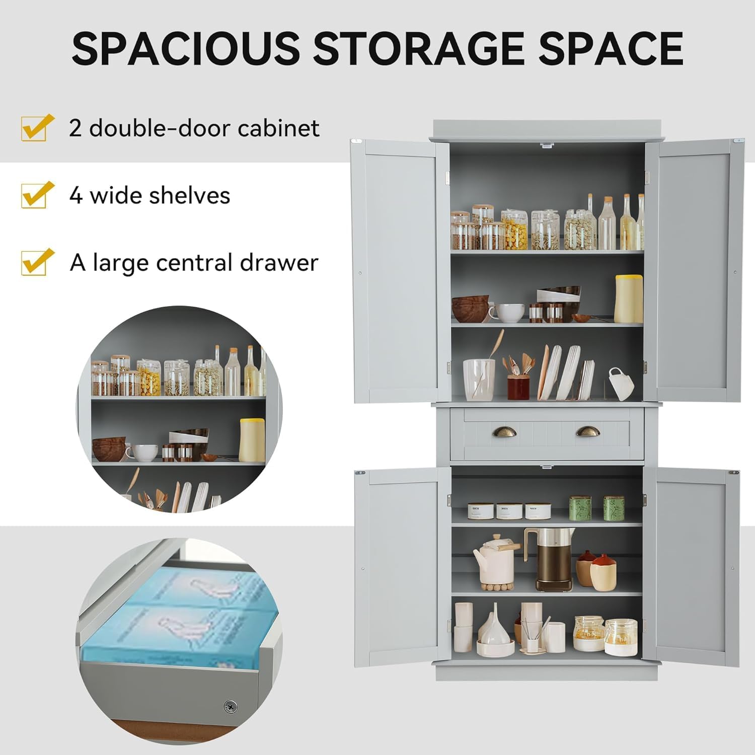 LOUVIXA 72" Kitchen Pantry Storage Cabinet, Freestanding Cupboard with 2 Cabinets, Drawer and Adjustable Shelves, Tall Storage Cabinet for Kitchen, Dinning Room, Living Room (Light Grey)