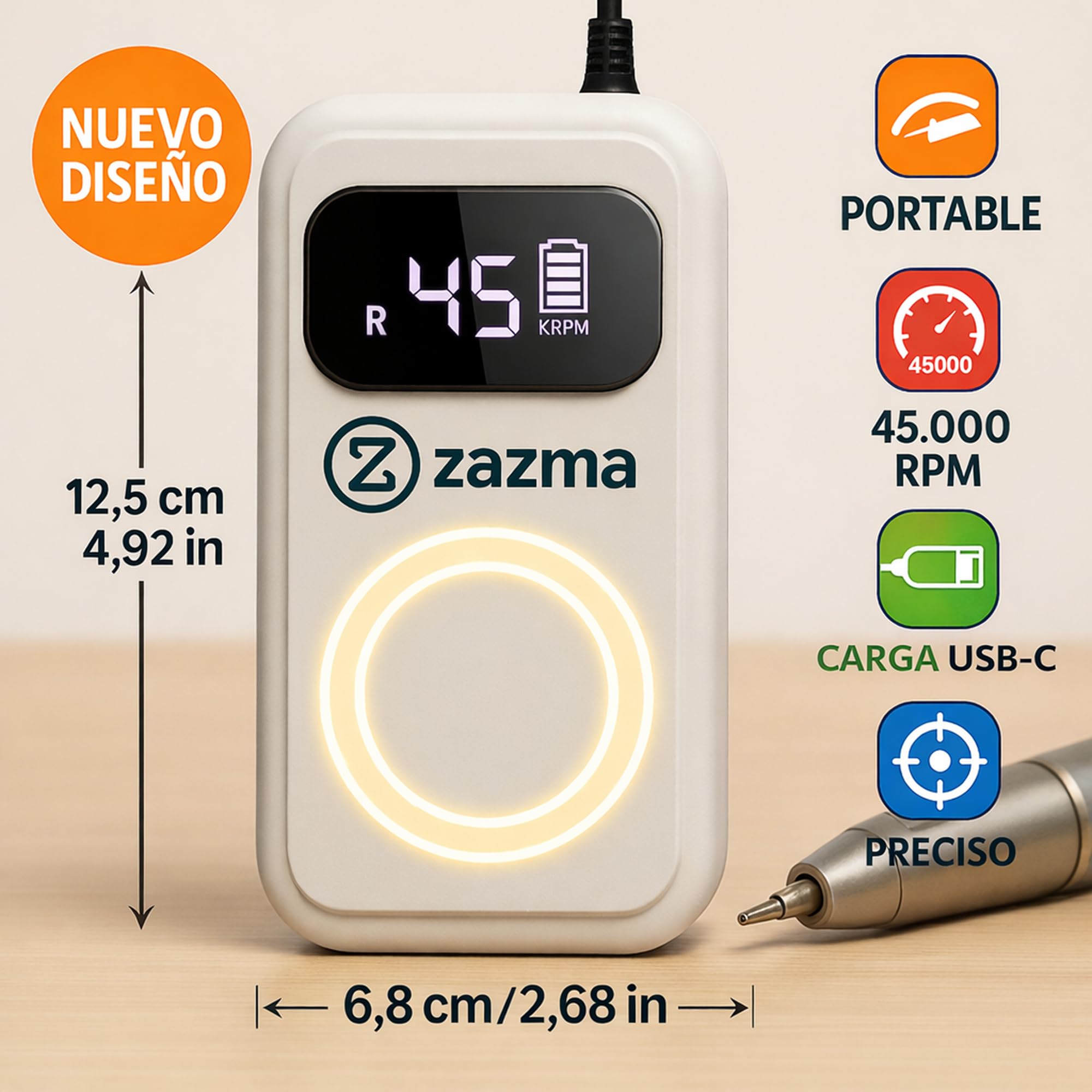 Torno de Uñas Recargable USB-C con Pantalla Digital, 7 Brocas y Bandas
