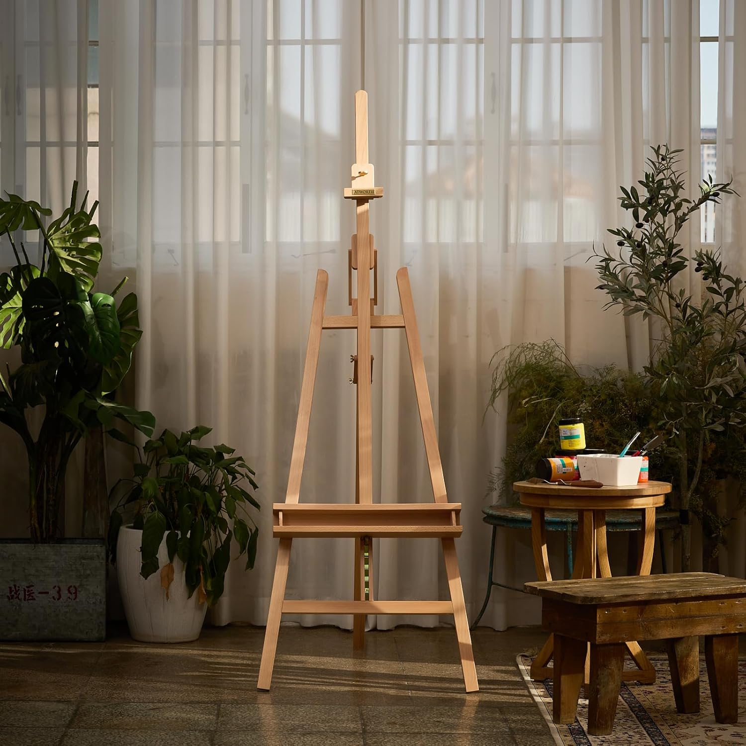 ATWORTH Studio Art Easel,Solid Beech Wood Artist Easel,Hold Canvas up to 48”, Adjustable A-Frame Lyre Style Painting Easel Stand with Storage Tray, Natural