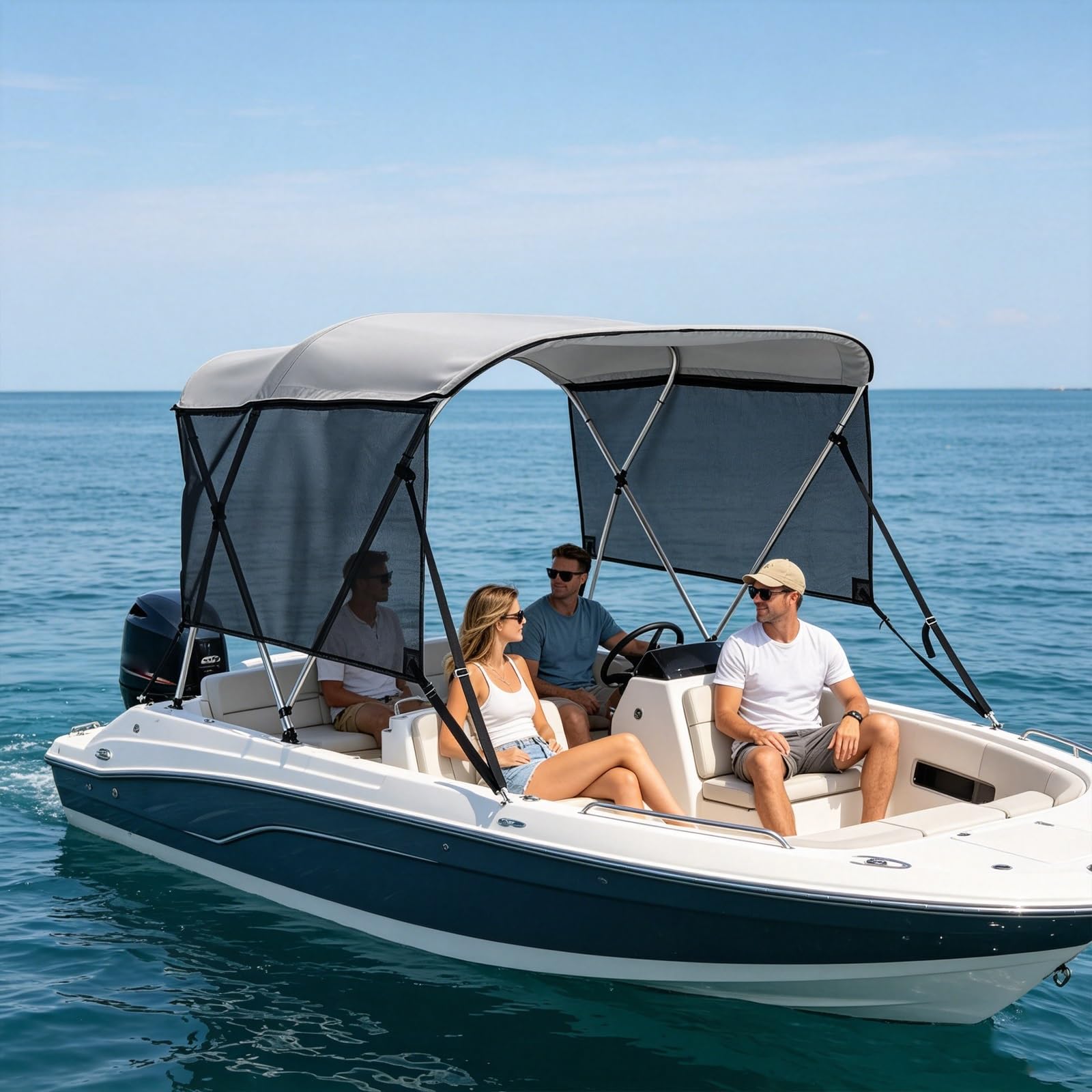 Tendalino Barca 3 Archi, Tendalino Bimini per Imbarcazione, Struttura in Alluminio, Pannelli Laterali Parasole, Tessuto Oxford 900D, 2 Pali di Supporto, 2 Cinghie(Beige,150-170cm/59-67in)