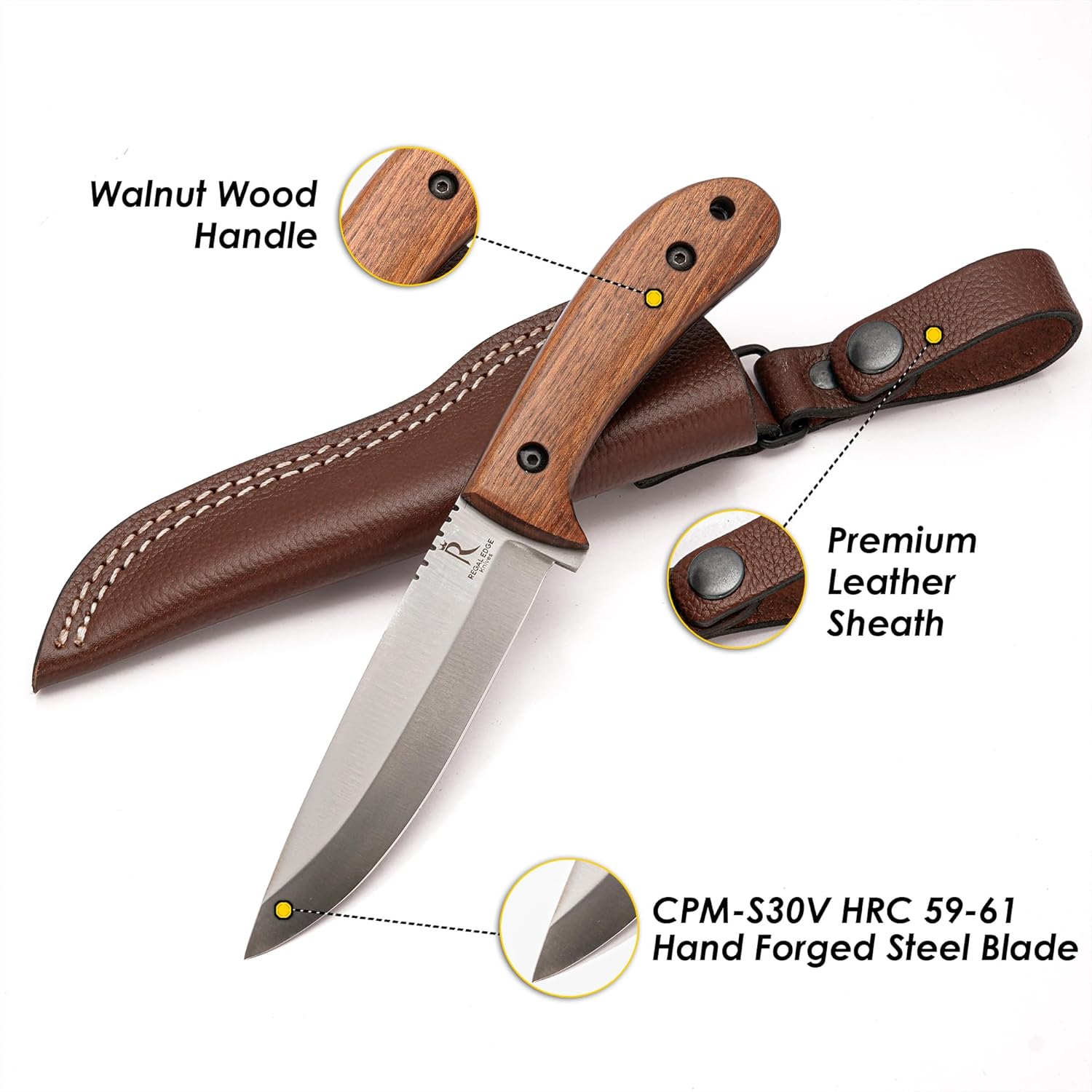 Bushcraft Knife - 9-Inch Scandi EDC Knife, S30V Steel And Walnut Wood Handle Full Tang Fixed Blade with Premium Leather Sheath - For Camping, Hunting, Survival and Outdoor Use - Gifts For Men