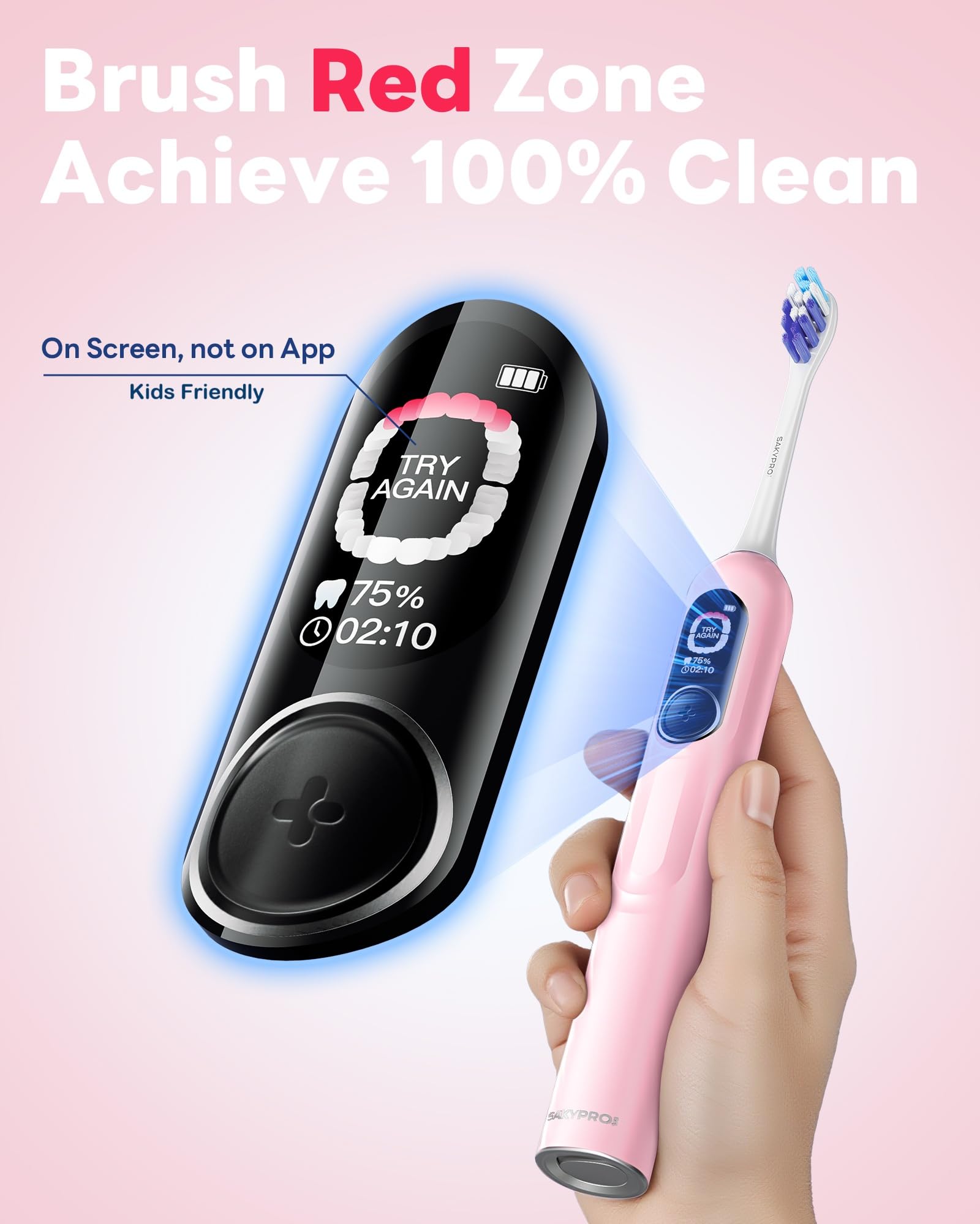 SAKYPRORAL Cepillo de dientes eléctrico con pantalla inteligente de IA para adultos, niños y adolescentes, 6 cabezales de cepillo, batería de 150 días, mapa de cepillado en tiempo real, 5 modos de