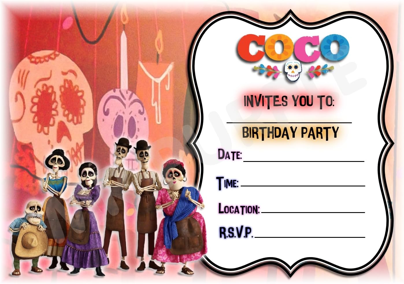 Disney Coco Birthday Party Invites - Landscape Frame Design Party Decorations / Accessories (Pack of 12 A5 Invitations) (WITH Envelopes)