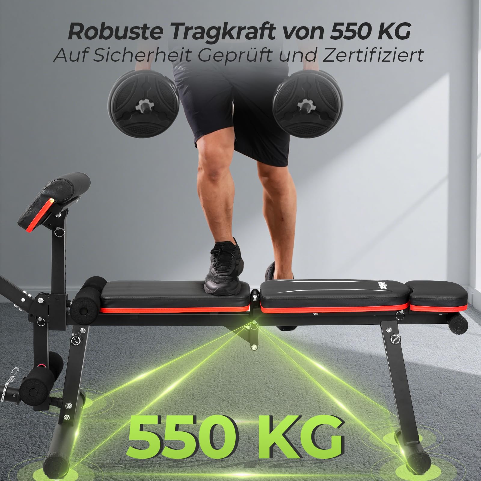 Verbesserte Verstellbare Hantelbank, 9 Rückenpositionen & Klappbar, 550 KG Belastbarkeit Schrägbank, Fitnessbank für Ganzkörper-Krafttraining & Große Männer | Faltbare Trainingsbank, flache Neigung, 9 Rückenpositionen, Preacher-Pad, Ganzkörper-Krafttraini