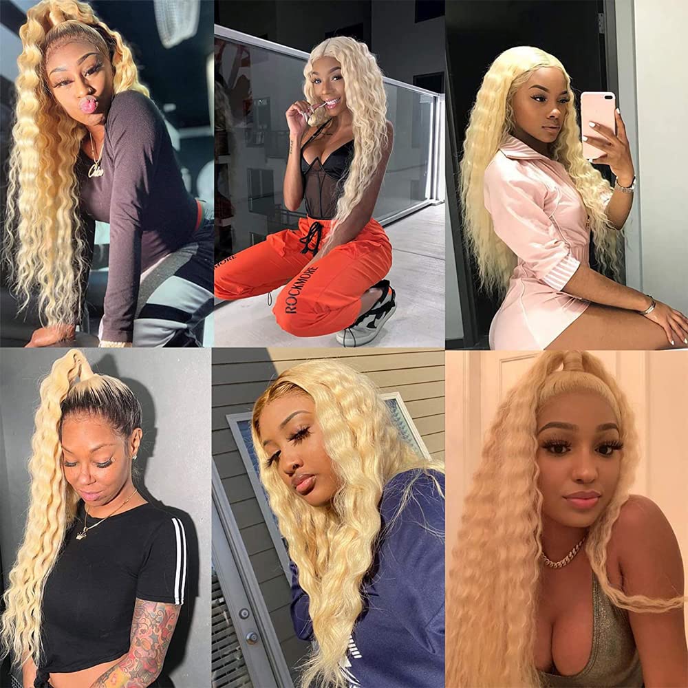 613 Blonde Bundles Human Hair Honey Blonde Deep Wave Bundles 28 30 32 Inch 3 Bundle Brazilian Blonde Deep Curly Human Hair Extensions 50 Gram Per Bundle