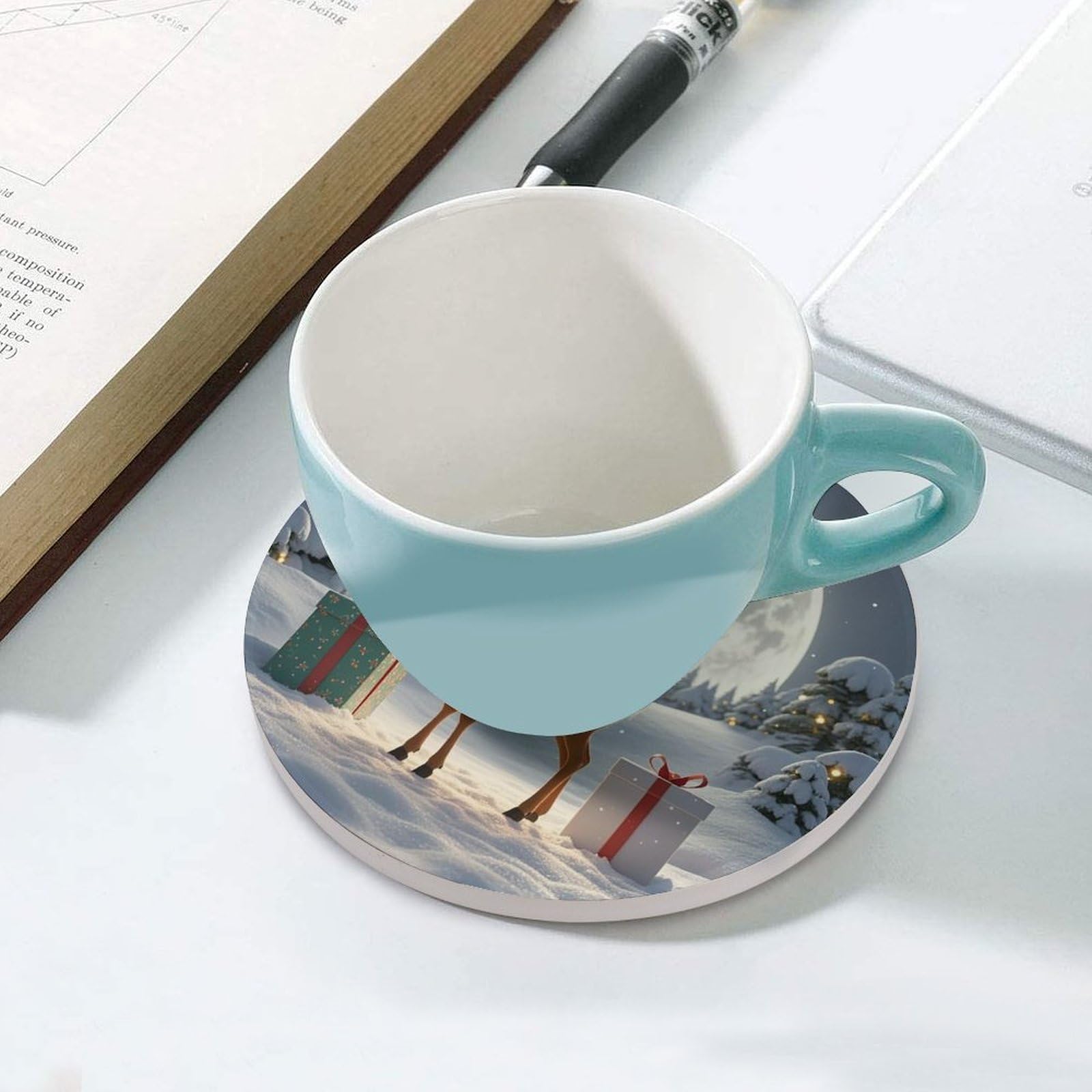 Lot de 6 dessous de verre en céramique avec dos en liège - Dessous de verre antidérapant rond en pierre absorbante pour types de tasses, table basse
