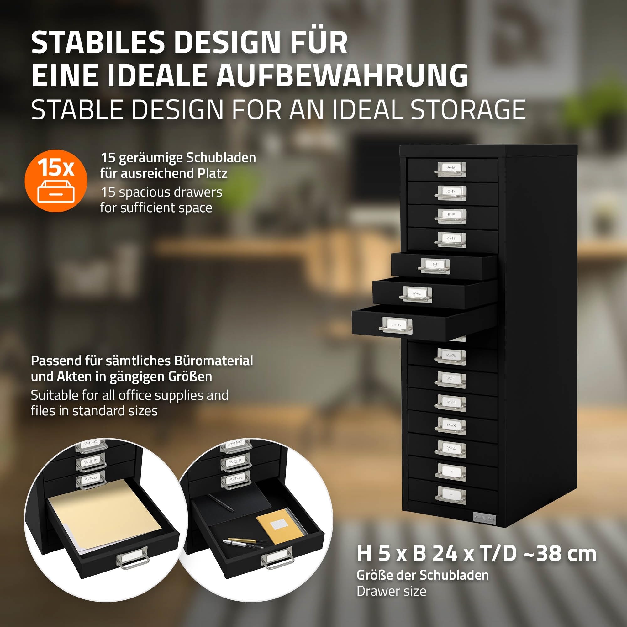 ML-Design Armadio per Archiviazione con 15 Cassetti 28x38x87 cm Nero Cassettiera in Metallo per DIN A4 Schedario per Ufficio con Portaetichette Armadietto in Acciaio Portautensili Portaoggetti