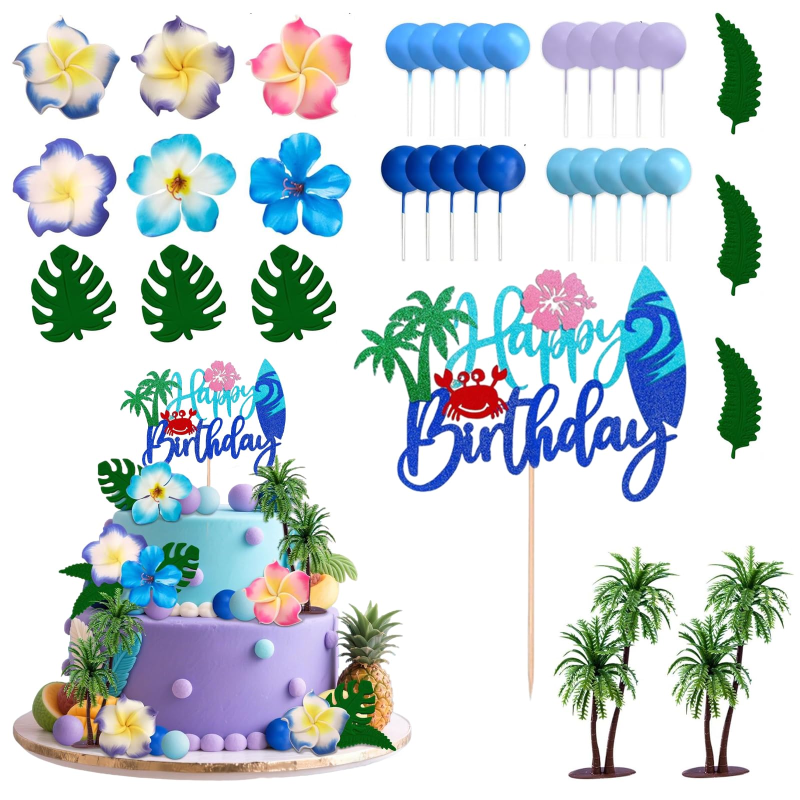 TENGWA 43pcs Hawaiian Cake Decoration 3D Tropical Cake Toppers Hibiscus Summer Beach Palm Leaf Aloha Surf Theme Beach Vacation Summer Wedding Baby Party