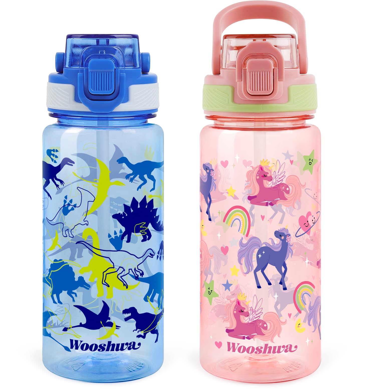 omedecal 2Pcs Kids Water Bottles, 600ml BPA Free Water Bottle with Straw and Handle, Childrens Sports Drinks Bottle, Personalised Cup for Boys Girls, School (Unicorn+Dinosaur)