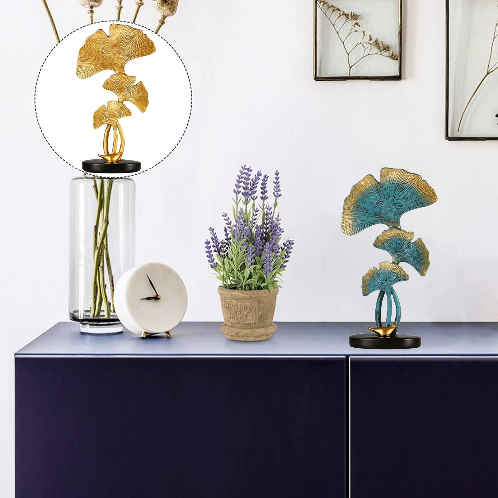 Estatua de Hoja de Ginkgo, decoración del hogar con Hojas de Resina, Planta de imitación con estatuas de Base para decoración de Mesa en el hogar, Oficina, Porche, Bar,Azul