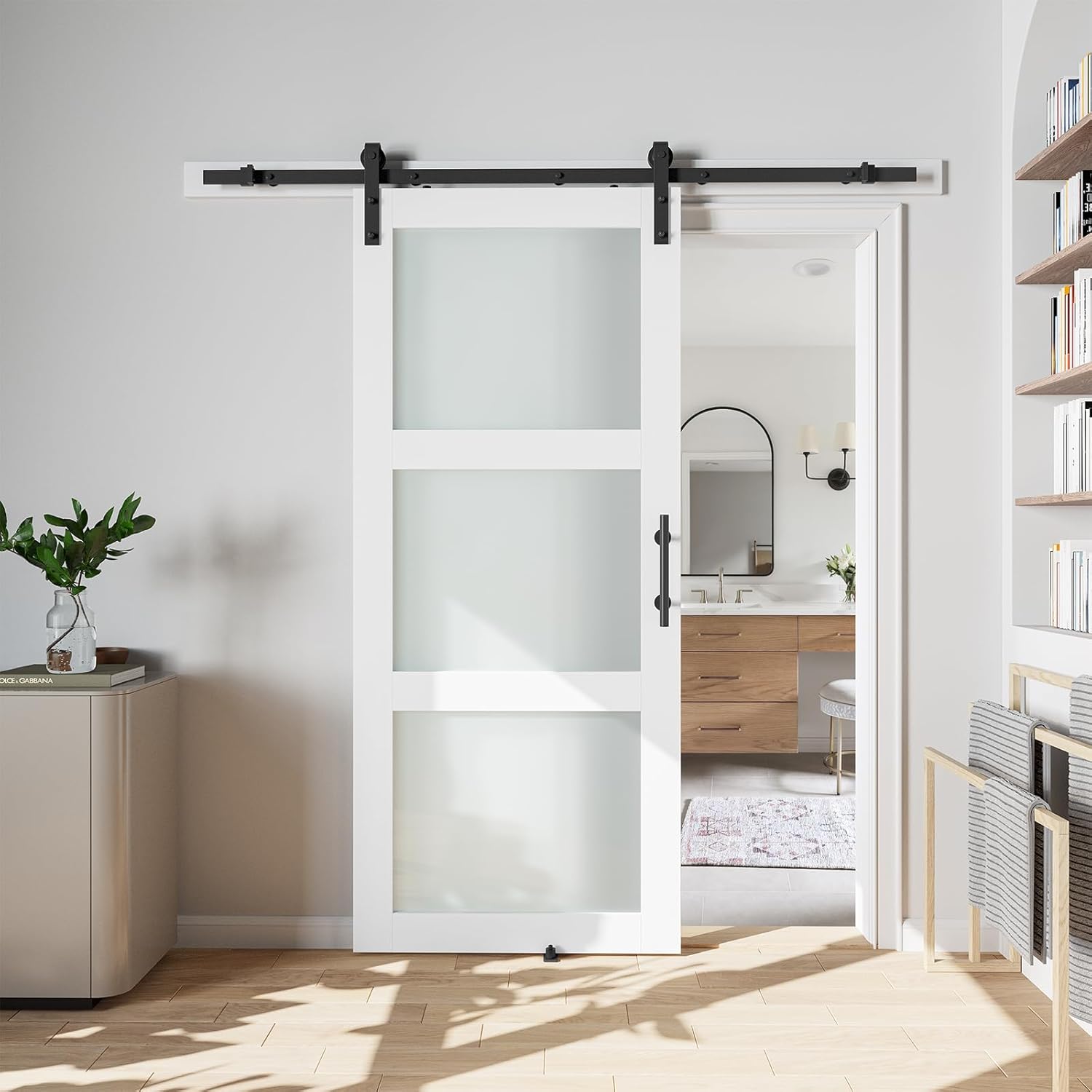 32" x 84" Sliding Glass Barn Door with 6FT Barn Door Hardware Kit Included, Assemblely Needed, Waterproof PVC Surface, White, 3 Panels Frosted Glass