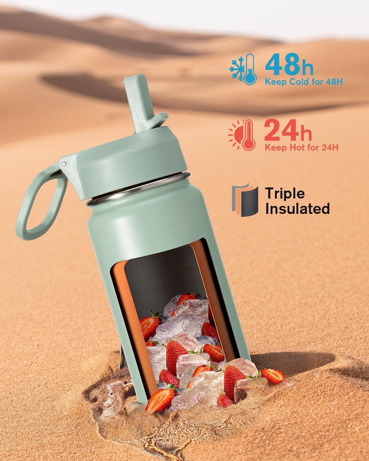 Coolflask Water Bottle 24 oz Insulated with Straw, Stainless Steel Metal 3 Lids Water Flask Wide Mouth for Sports or Office, Non-BPA Keep Cold Up to 48 Hrs or Hot Up to 24 Hrs, Grey Green