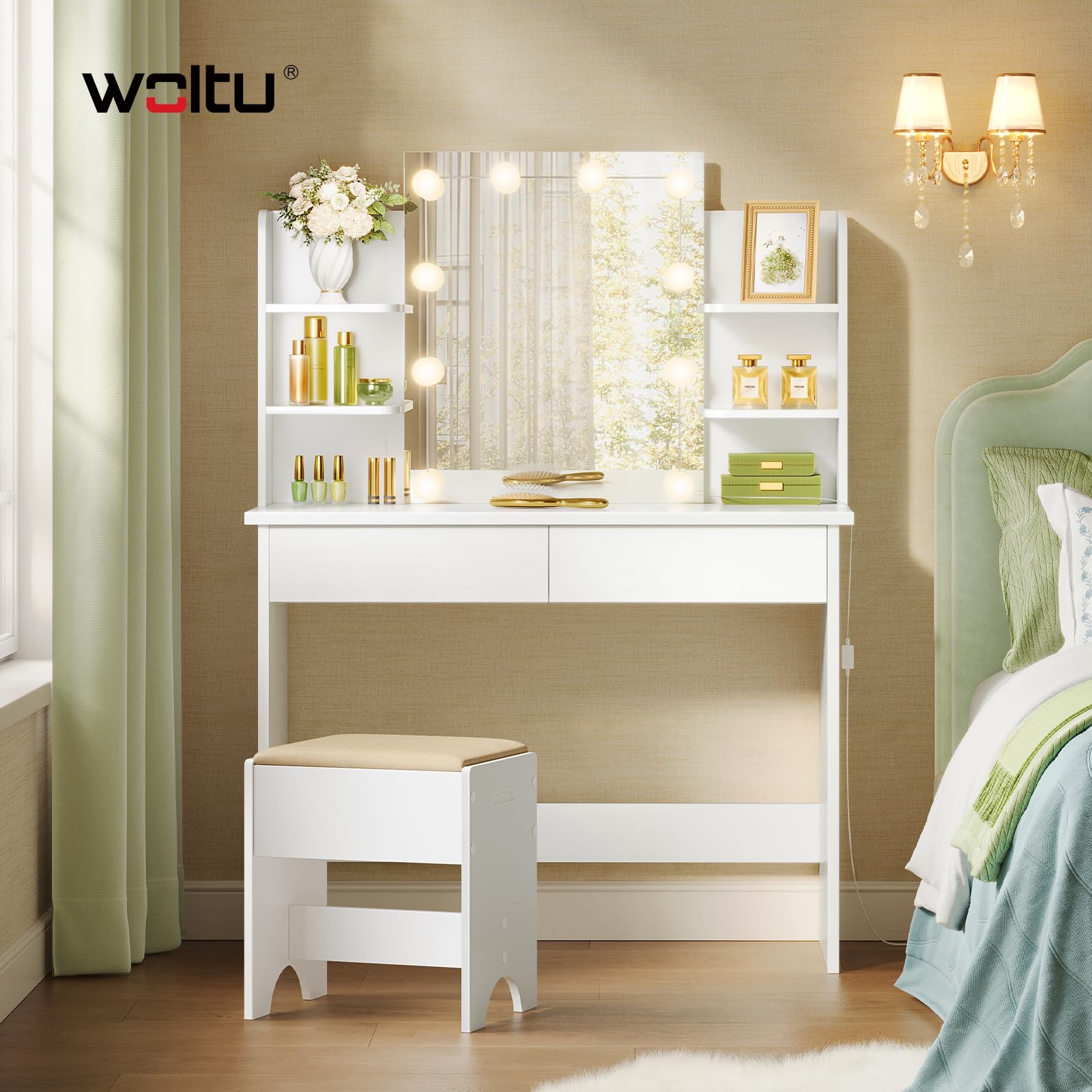 WOLTU Coiffeuse avec Miroir LED à Luminosité Réglable, Coiffeuse avec Rangement, 2 Tiroirs & 4 Étagères, Table de Maquillage Blanche en Bois, Meuble Chambre Style Moderme, Blanc