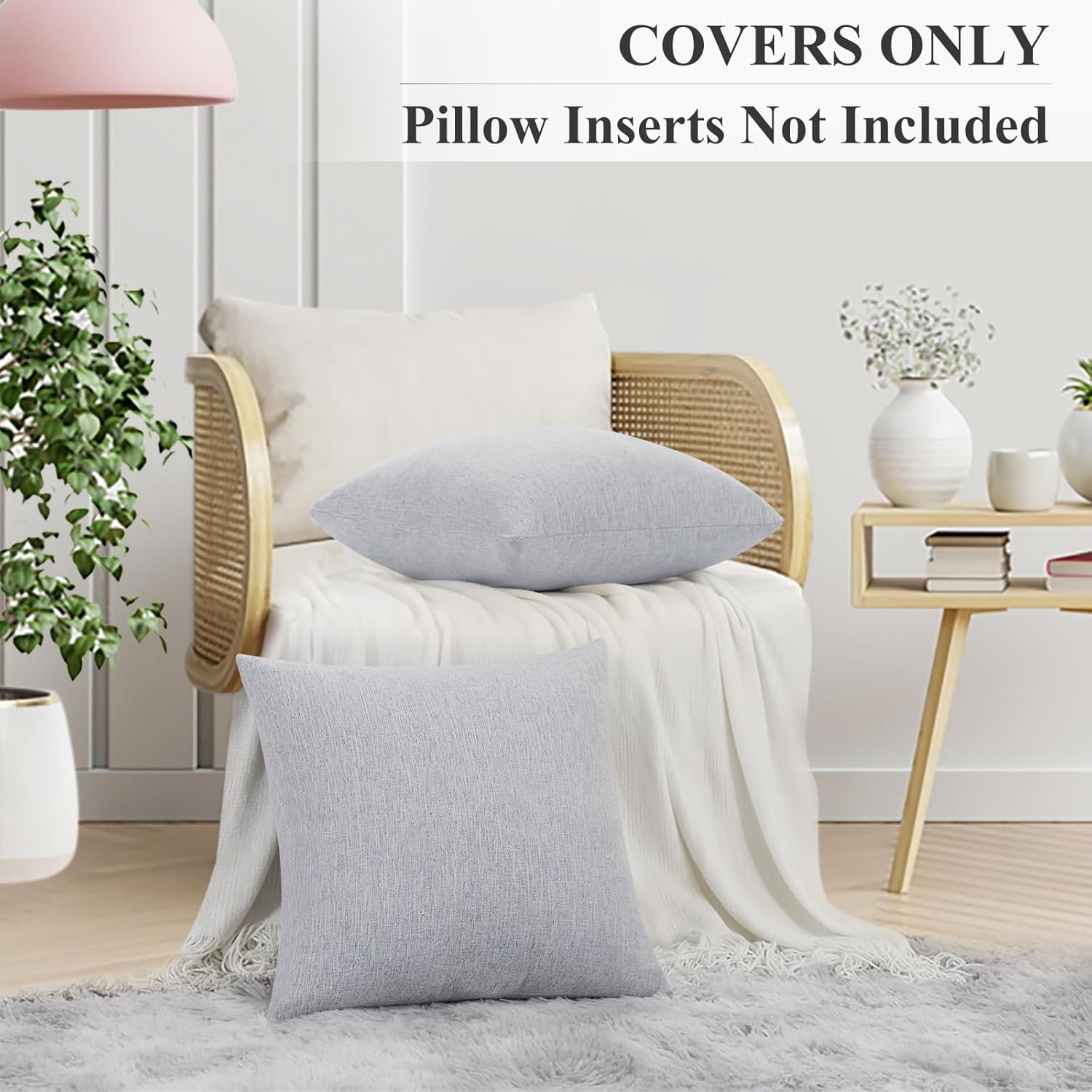 decorUhome Chenille Decorative Throw Pillow Covers 22x22 Set of 2, Farmhouse Textured Square Neutral Solid Accent Pillow Covers for Couch Sofa Bed Living Room Home Decor, Grey White